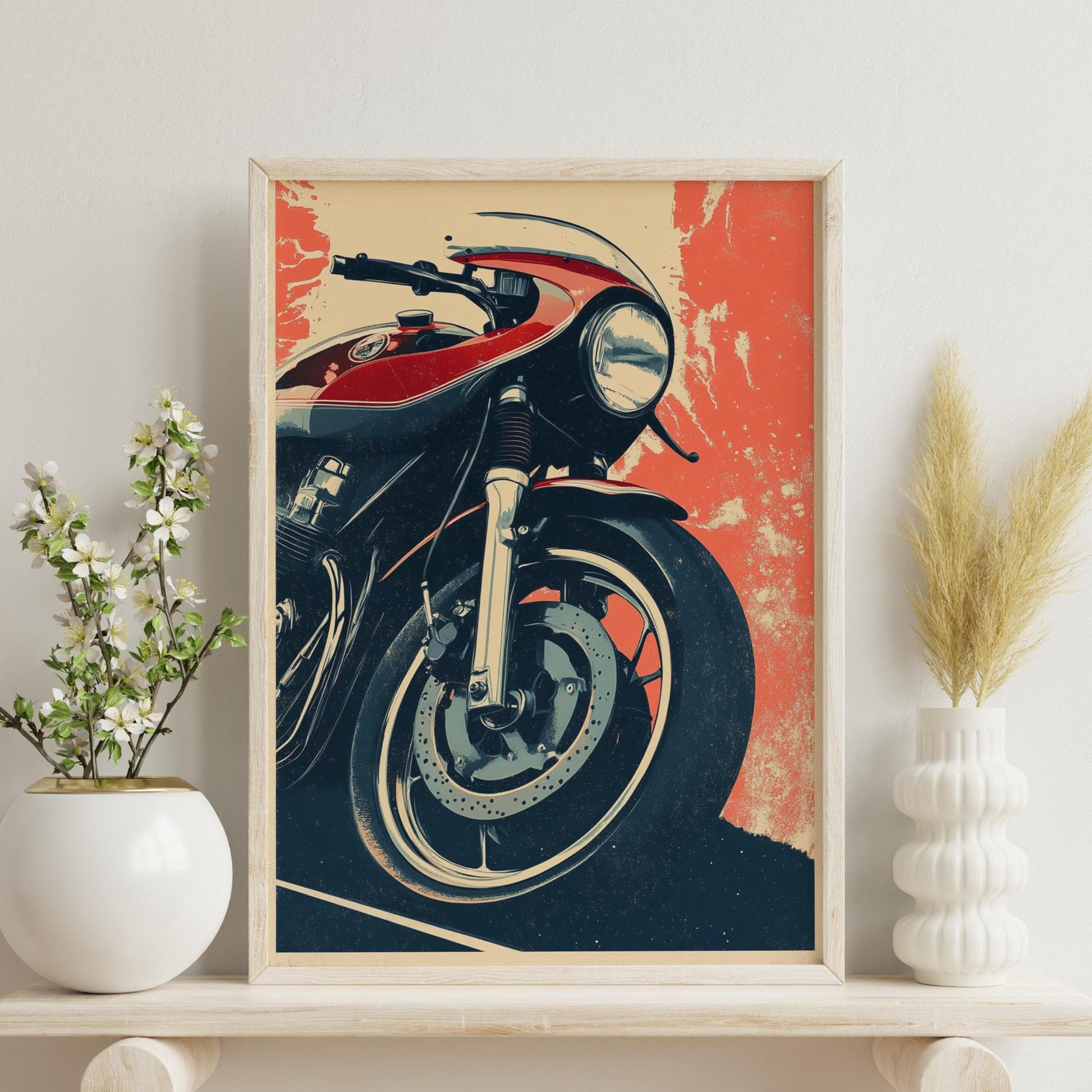 Cafe Racer Motorcycle Poster – Bold Red Wall Art Print, Retro Bike Front View, Modern Garage Decor, Gift for Biker or Moto Fan