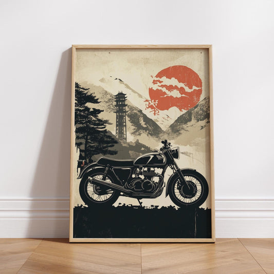 Cafe Racer in Japanese Landscape – Vintage Motorcycle Poster, Rising Sun Art Print, Zen Moto Wall Decor, Biker Gift, Retro Japan Style