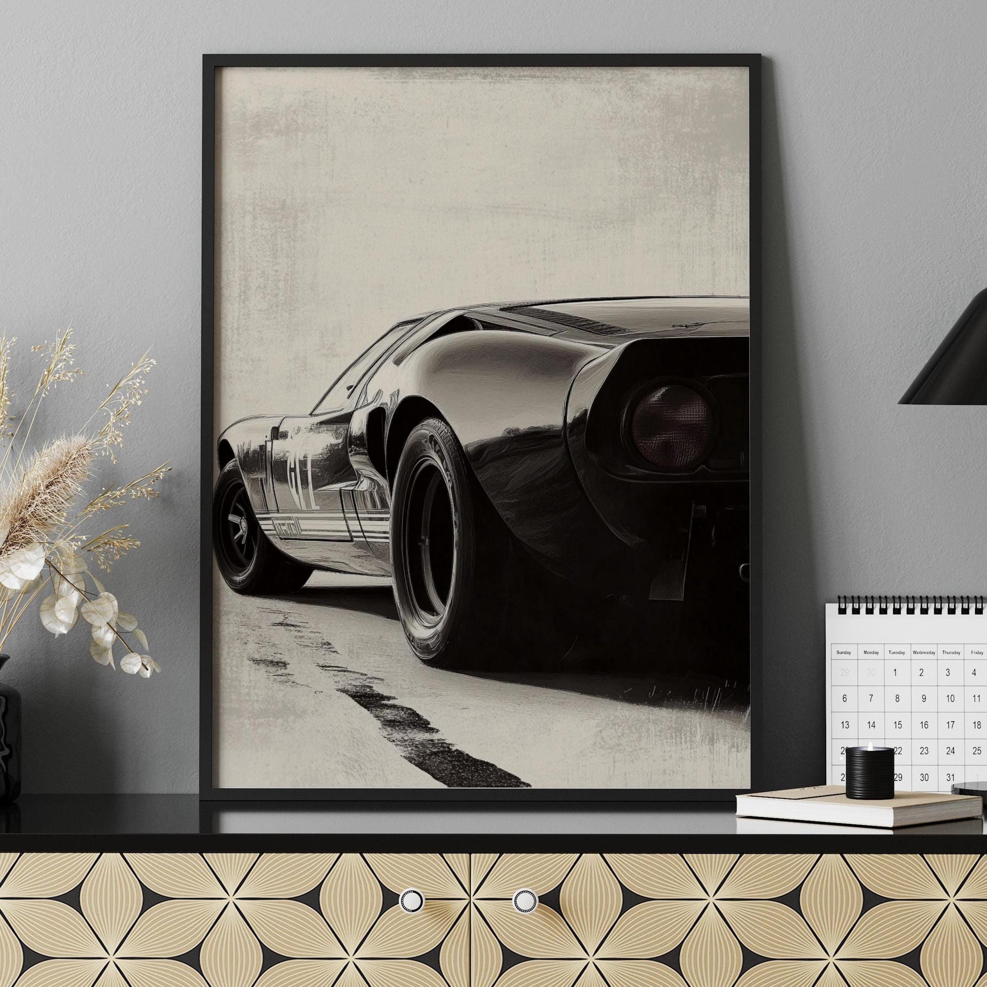 Vintage Ford GT Poster – Black and White Sports Car Wall Art, Minimalist Muscle Car Print, Retro Racing Decor, Garage Art Gift