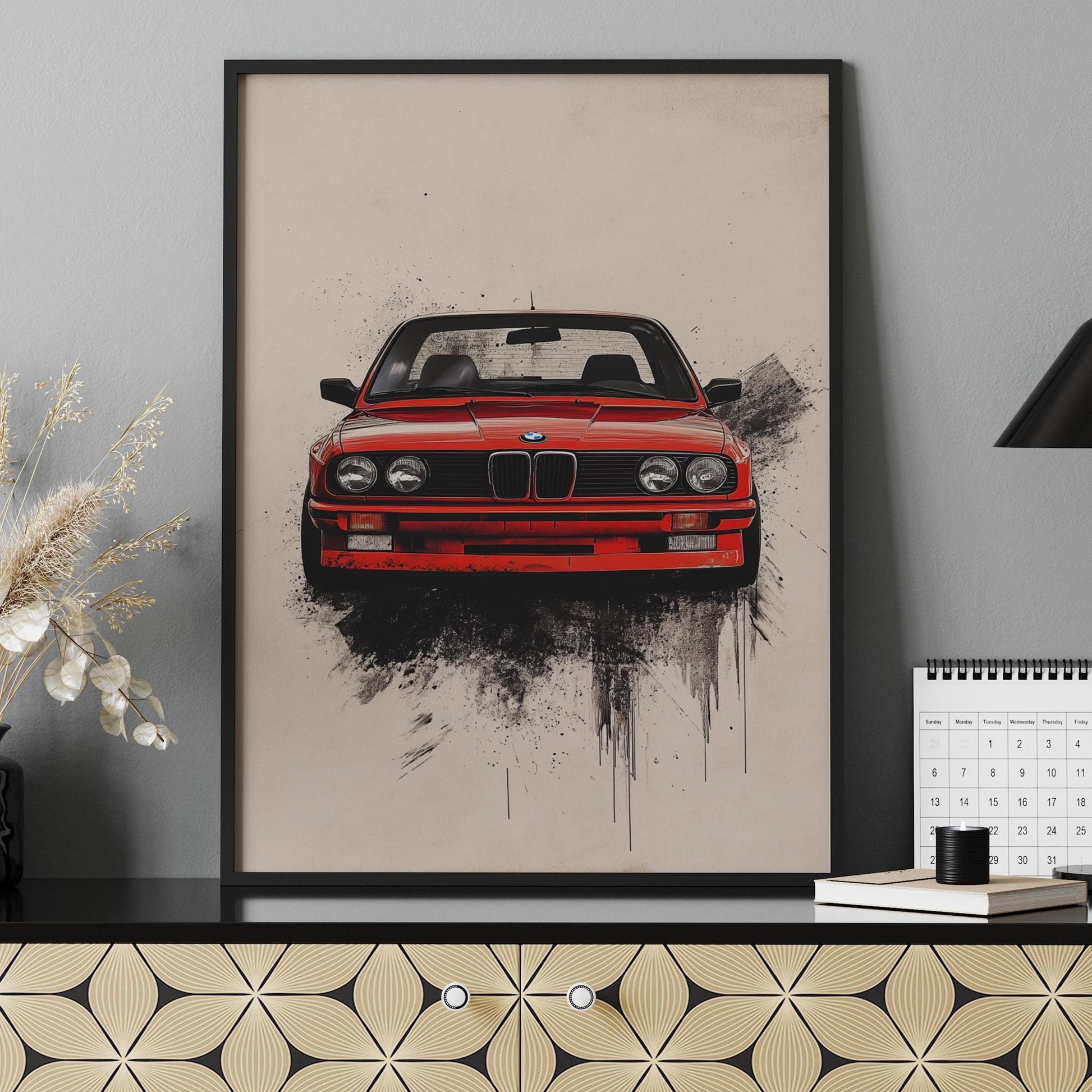 Retro German Car Poster – Minimalist Car Wall Art, Red Sports Coupe Print, Vintage Automotive Decor, Bold Garage Art, Car Lover Gift