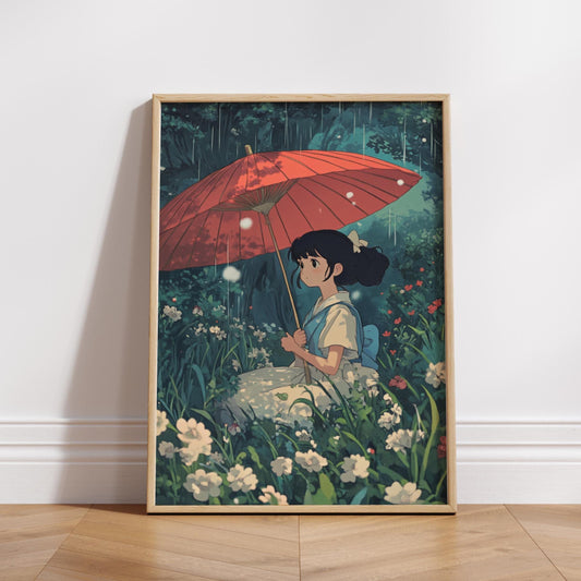 Whimsical Girl with Umbrella Matte Poster, Aesthetic Wall Art for Home Decor, Anime-Inspired Gift, Nature Lover's Art Print, Cozy Living