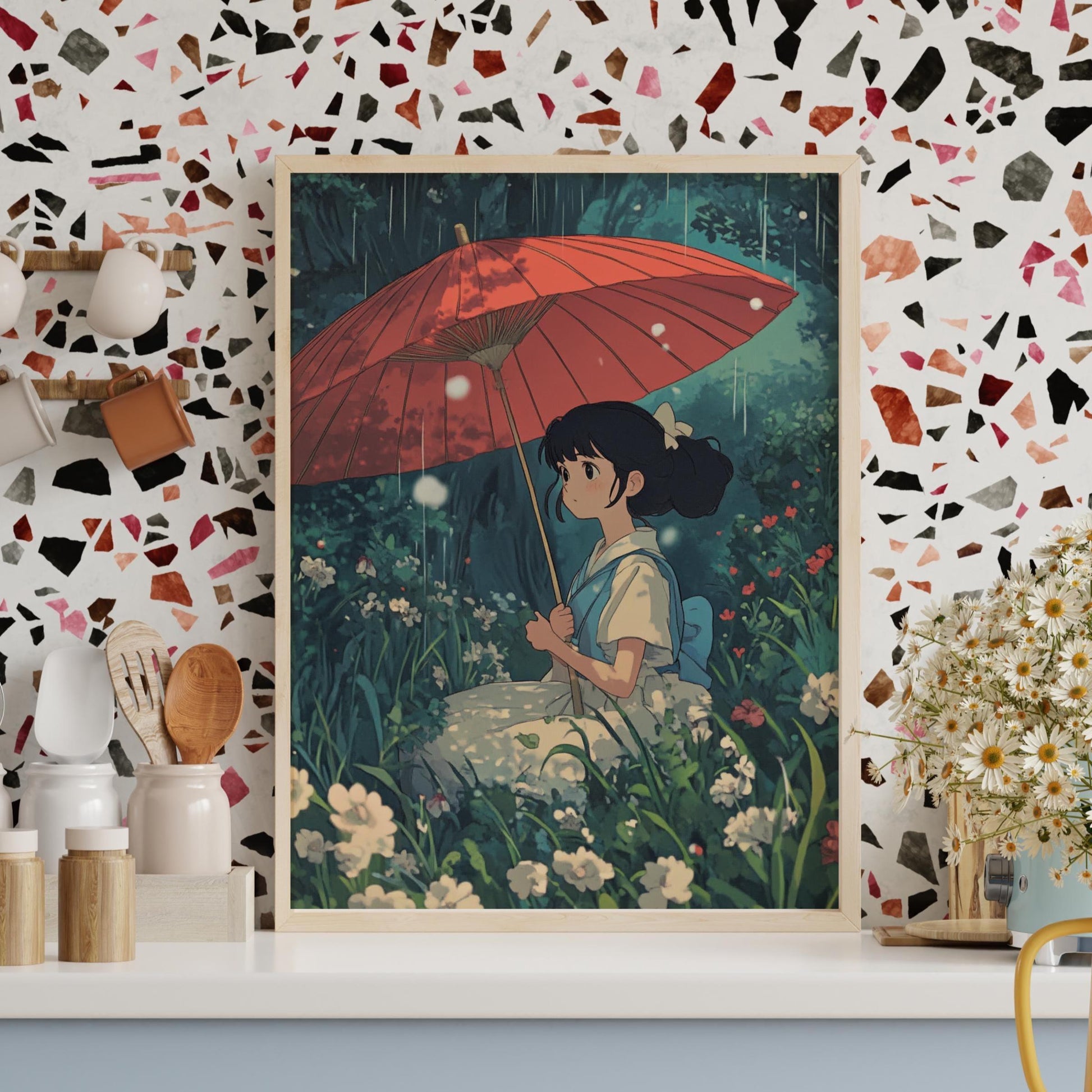 Whimsical Girl with Umbrella Matte Poster, Aesthetic Wall Art for Home Decor, Anime-Inspired Gift, Nature Lover's Art Print, Cozy Living