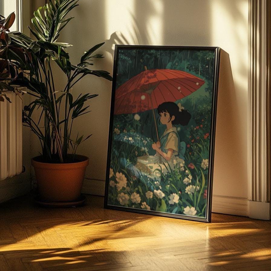 Whimsical Girl with Umbrella Matte Poster, Aesthetic Wall Art for Home Decor, Anime-Inspired Gift, Nature Lover's Art Print, Cozy Living