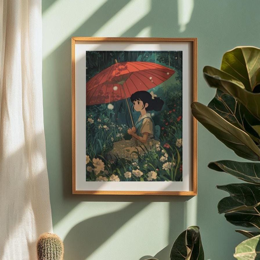 Whimsical Girl with Umbrella Matte Poster, Aesthetic Wall Art for Home Decor, Anime-Inspired Gift, Nature Lover's Art Print, Cozy Living