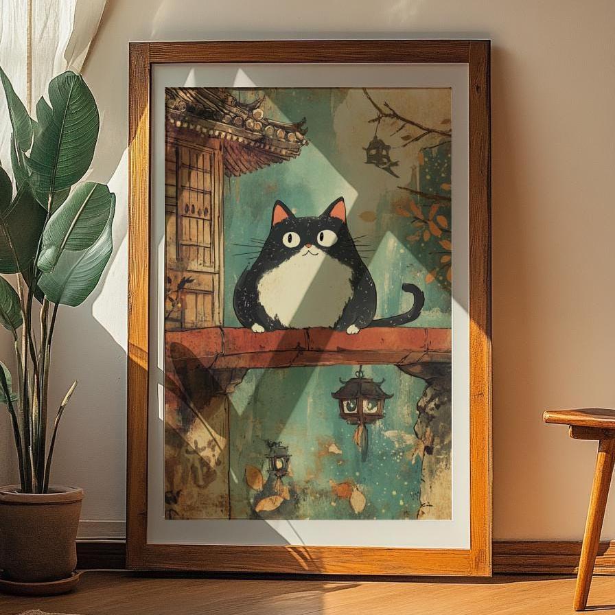 Whimsical Cat Wall Decor Poster, Matte Vertical Wall Art Print, Cozy Home Gift for Cat Lovers, Vintage Animal Art, Unique Cat Decor, Cute