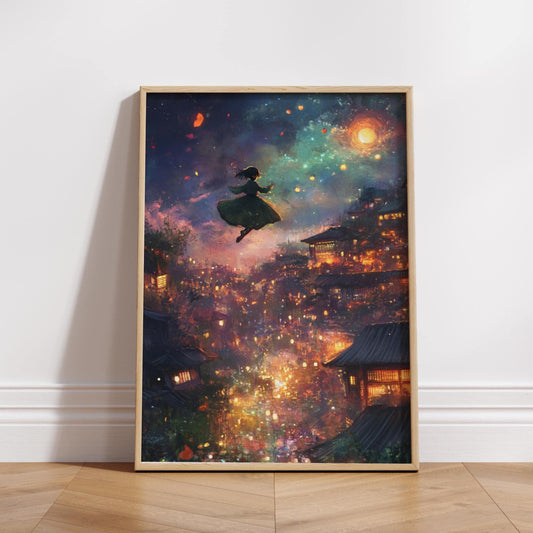 Whimsical Fantasy City Poster Art, Matte Vertical Posters for Home Décor, Magical Night Sky Wall Art, Girls Room Decoration, Anime Aesthetic