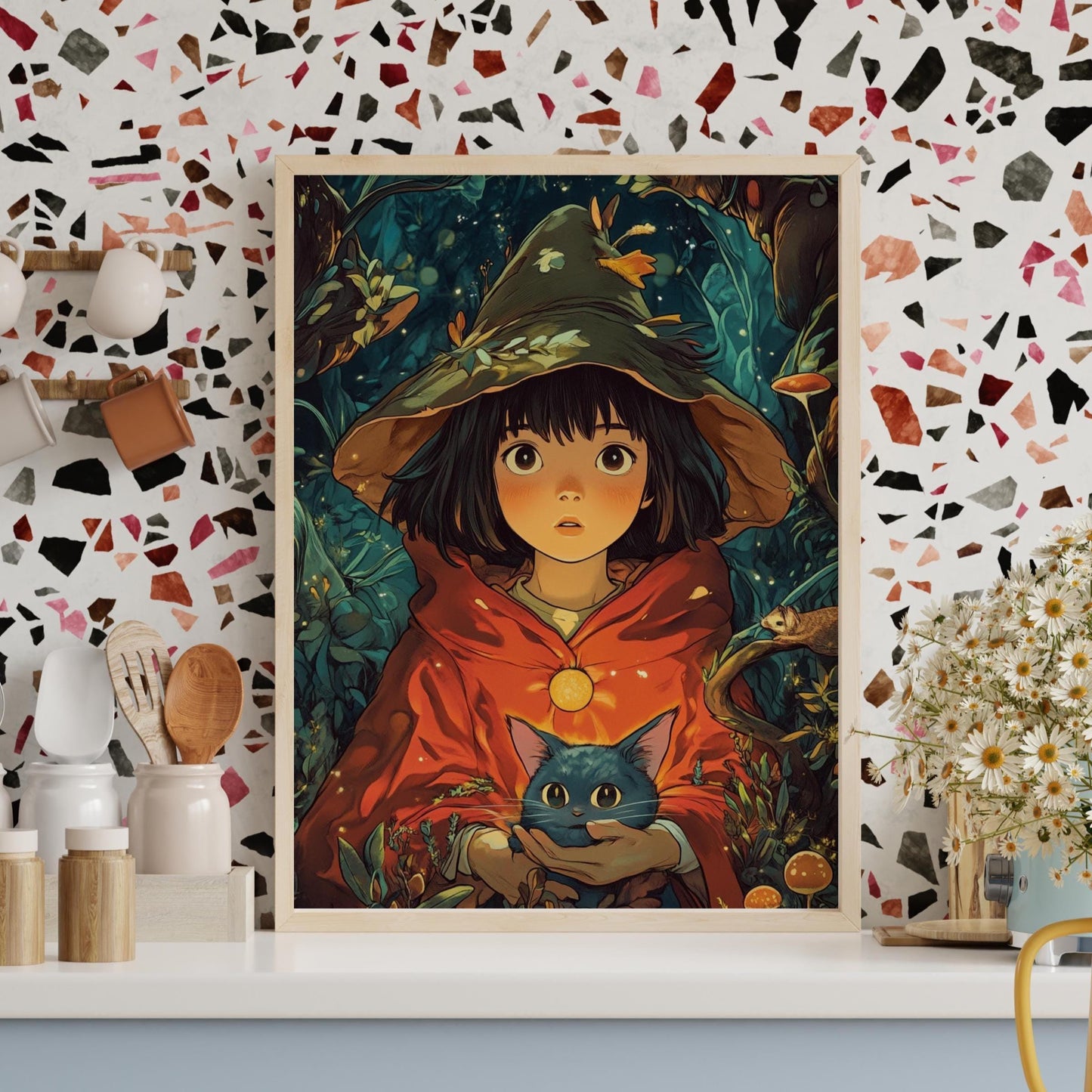 Whimsical Girl & Cat Posters - Enchanting Forest, Perfect for Kids Room, Aesthetic Wall Art, Gift for Nature Lovers, Cute Home Decor