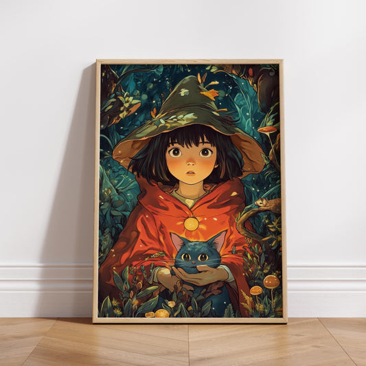 Whimsical Girl & Cat Posters - Enchanting Forest, Perfect for Kids Room, Aesthetic Wall Art, Gift for Nature Lovers, Cute Home Decor