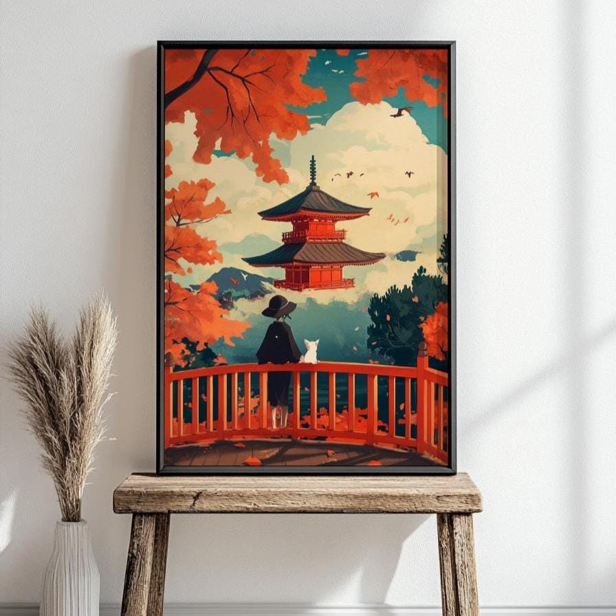 Japanese Temple Autumn Landscape Posters, Cozy Home Decor, Japanese Art, Fall Aesthetic, Wall Art for Relaxation