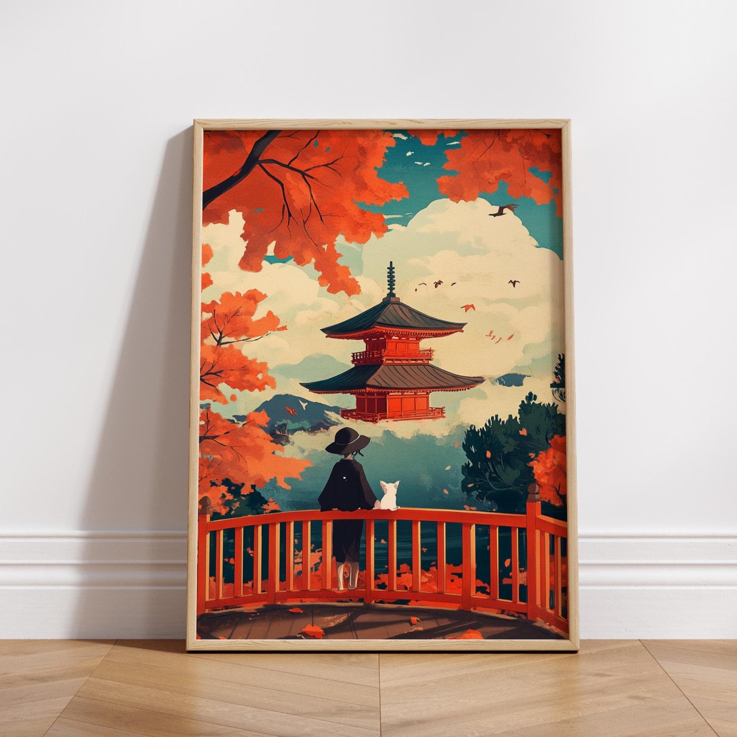 Japanese Temple Autumn Landscape Posters, Cozy Home Decor, Japanese Art, Fall Aesthetic, Wall Art for Relaxation