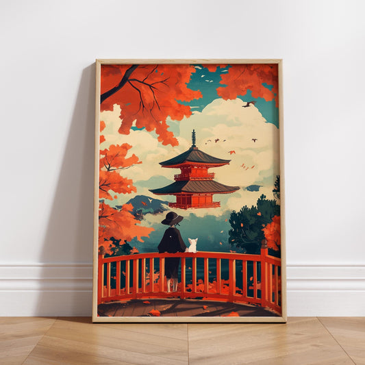 Japanese Temple Autumn Landscape Posters, Cozy Home Decor, Japanese Art, Fall Aesthetic, Wall Art for Relaxation