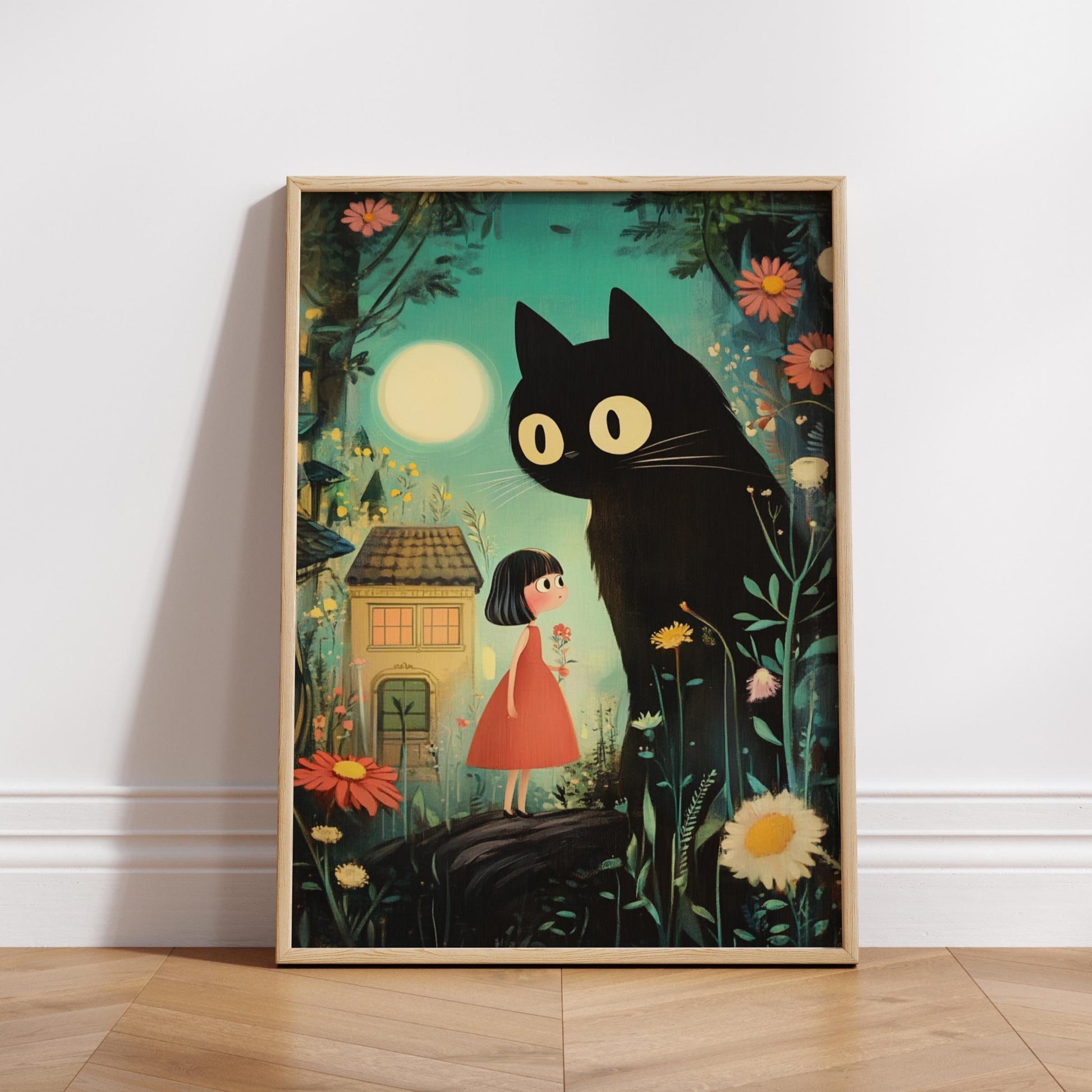 Whimsical Cat and Girl Poster, Bedroom Decor, Dreamy Home Decor, Gift for Cat Lovers, Cozy Vibes, Ghibli-Inspired