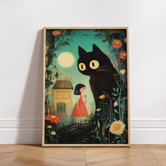 Whimsical Cat and Girl Poster, Bedroom Decor, Dreamy Home Decor, Gift for Cat Lovers, Cozy Vibes, Ghibli-Inspired