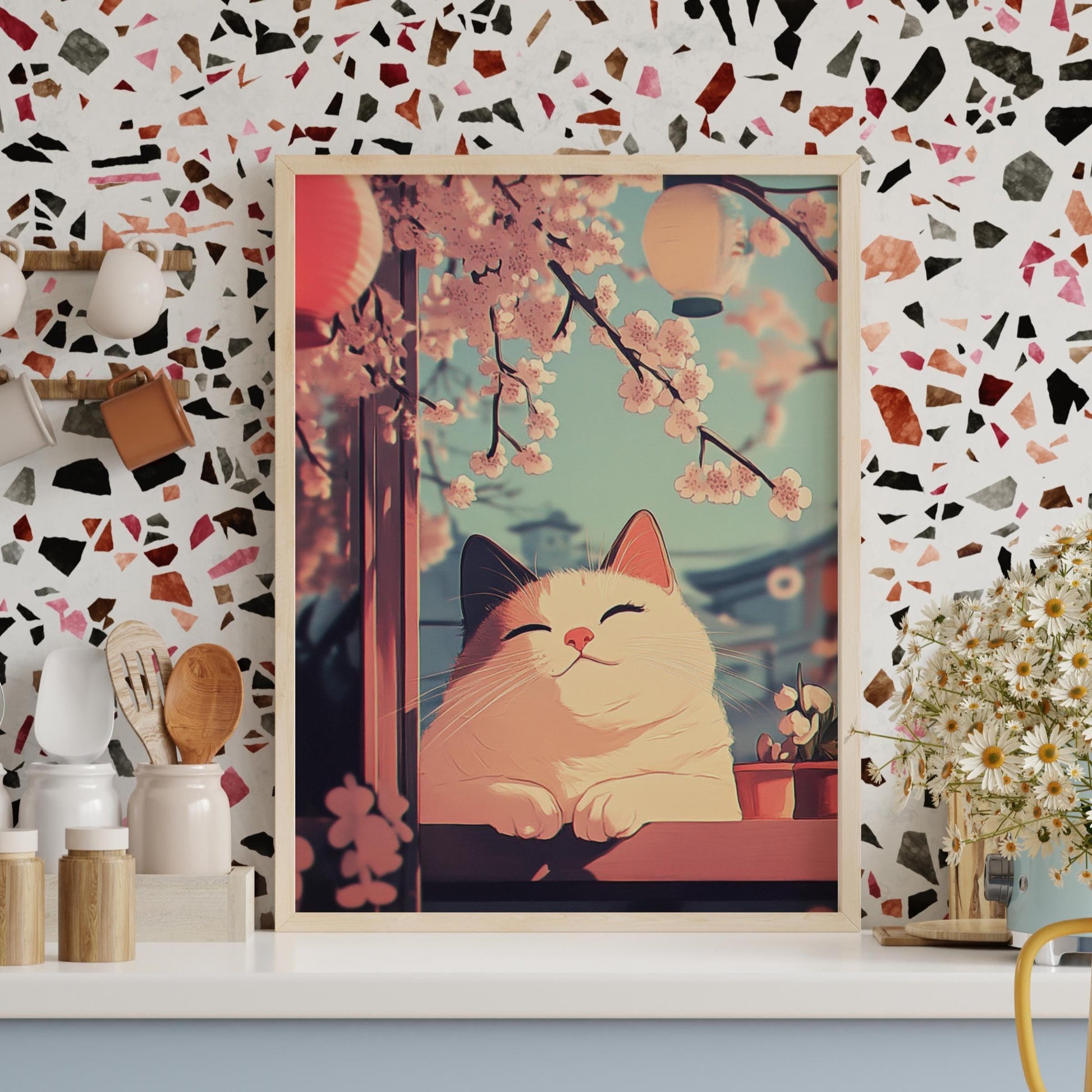 Kawaii Charming Cat Poster Art, Cozy Home Decor, Feline Lovers Gift, Floral Cat Wall Art, Unique Animal Print, Spring Aesthetic