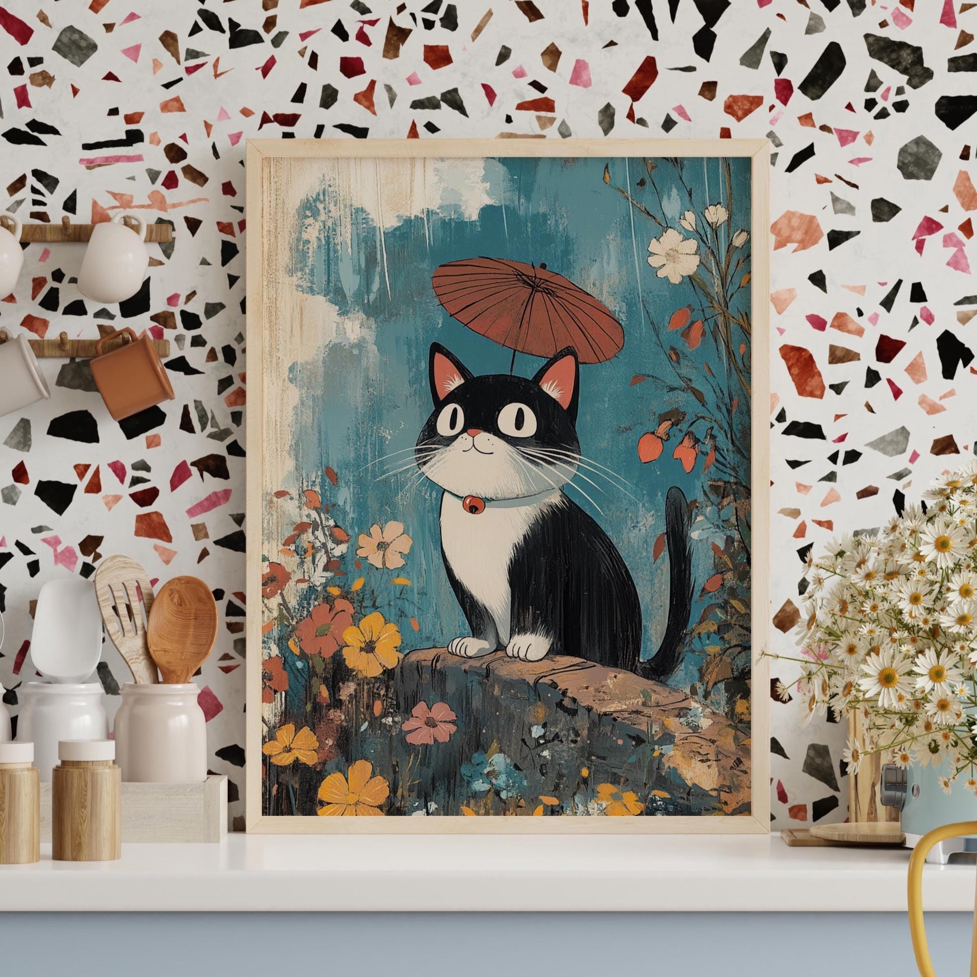 Whimsical Black Cat Poster – Studio Ghibli-Inspired Art Print with Umbrella and Flowers, Cute Kawaii Decor for Cat Lovers and Kids Room