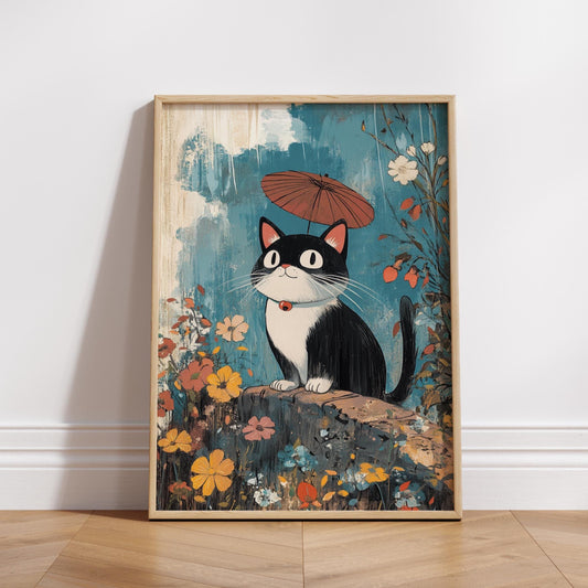 Whimsical Black Cat Poster – Studio Ghibli-Inspired Art Print with Umbrella and Flowers, Cute Kawaii Decor for Cat Lovers and Kids Room