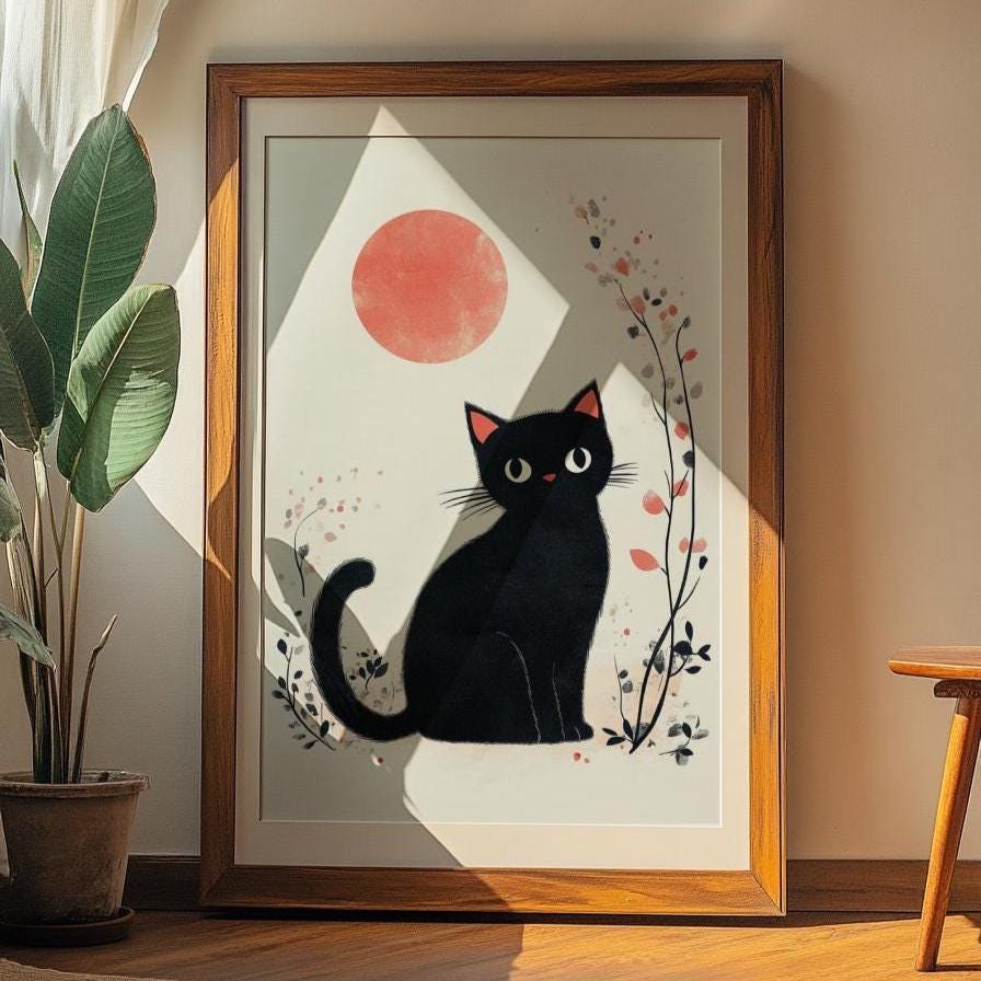 Charming Cat Art Poster, Whimsical Black Cat Wall Decor, Cute Animal Print, Home Aesthetic Art, Gift for Cat Lovers, Vintage Style Print