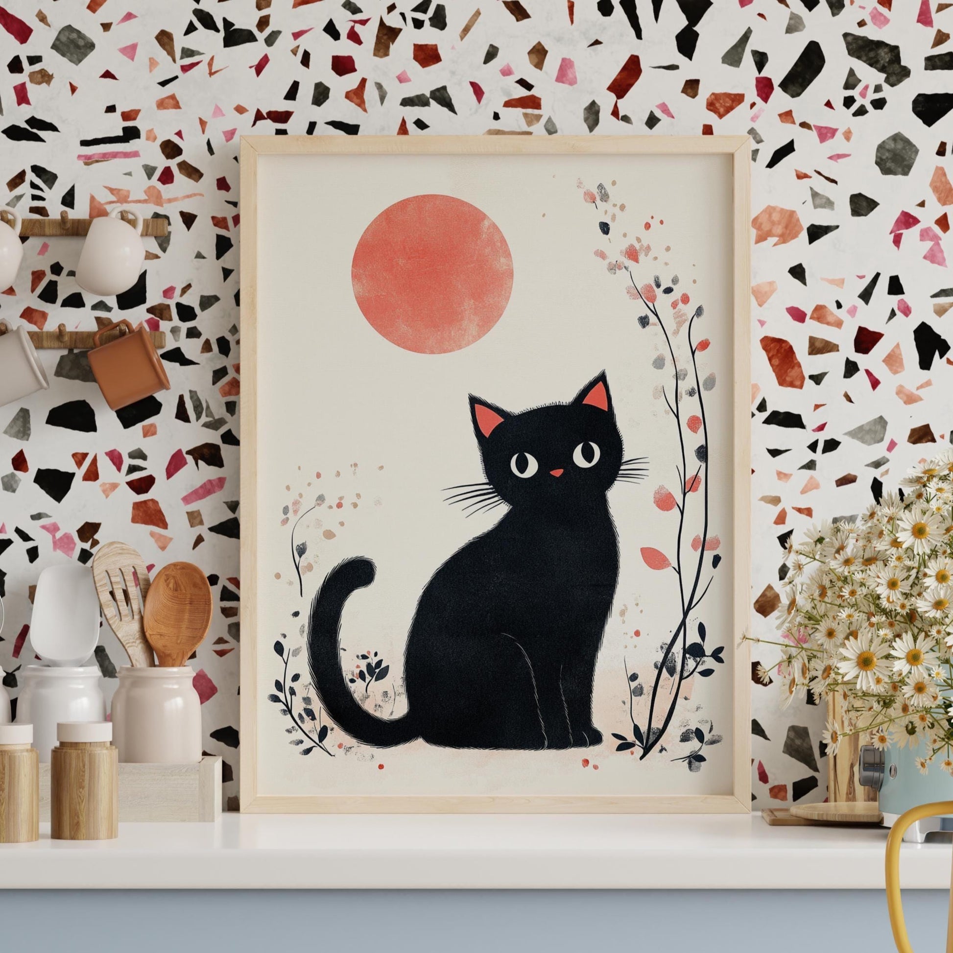 Charming Cat Art Poster, Whimsical Black Cat Wall Decor, Cute Animal Print, Home Aesthetic Art, Gift for Cat Lovers, Vintage Style Print