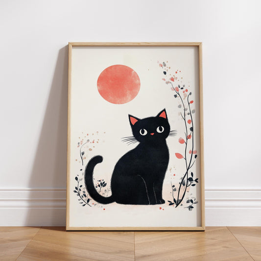 Charming Cat Art Poster, Whimsical Black Cat Wall Decor, Cute Animal Print, Home Aesthetic Art, Gift for Cat Lovers, Vintage Style Print