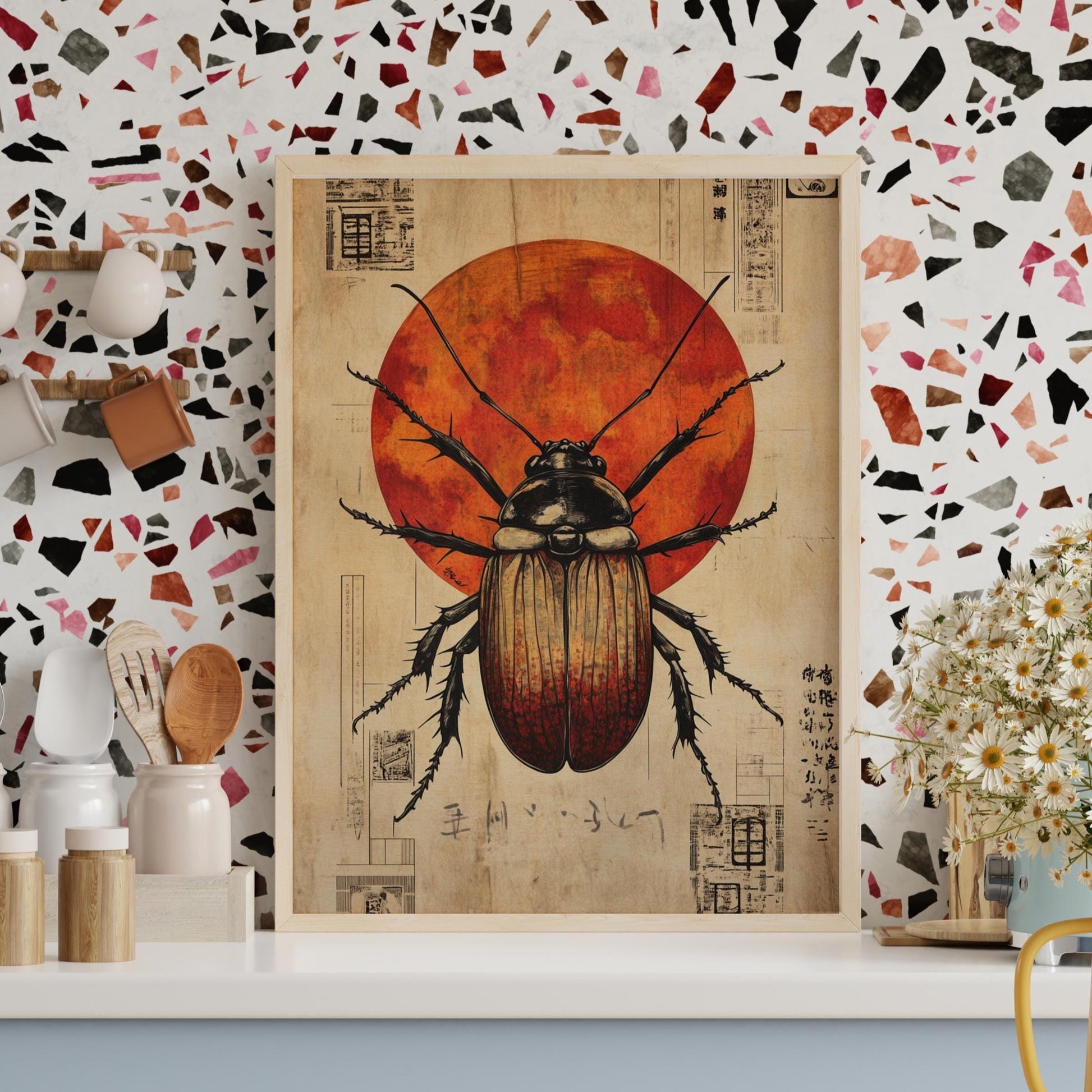 Artistic Beetle Matte Poster for Unique Home Decor, Japanese Aesthetic Wall Art, Insect Illustration, Nature-Inspired Art, Home Decor