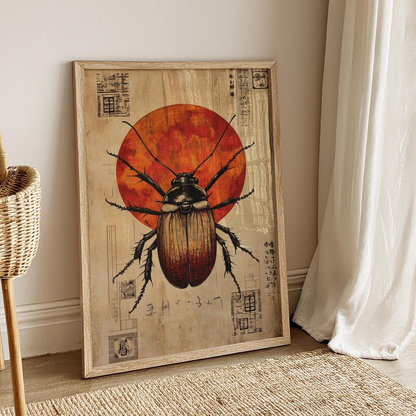 Artistic Beetle Matte Poster for Unique Home Decor, Japanese Aesthetic Wall Art, Insect Illustration, Nature-Inspired Art, Home Decor