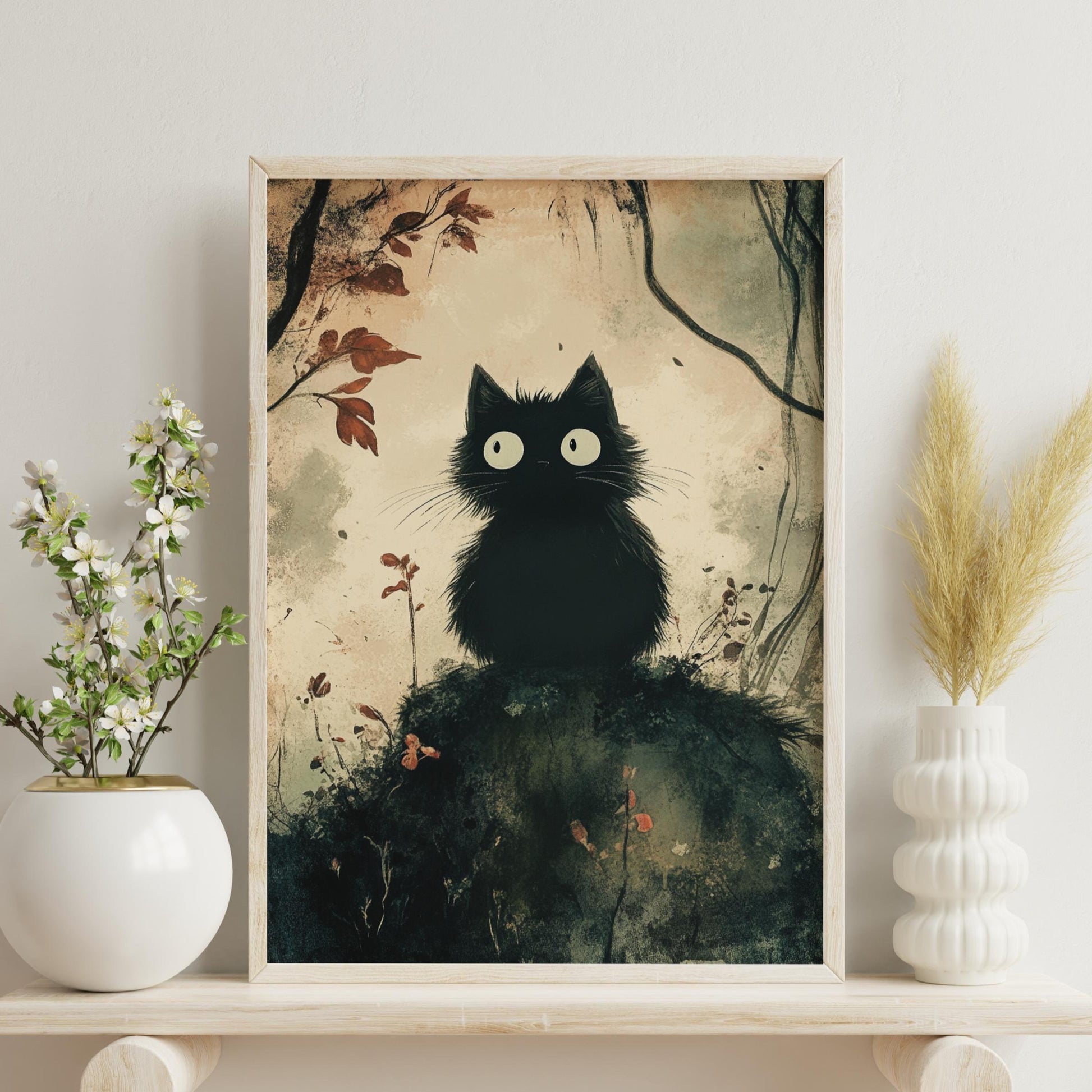 Whimsical Spooky Cat Poster Art, Matte Vertical Posters for Cat Lovers, Home Décor, Gift for Kids, Animal Wall Art, Nursery Decoration