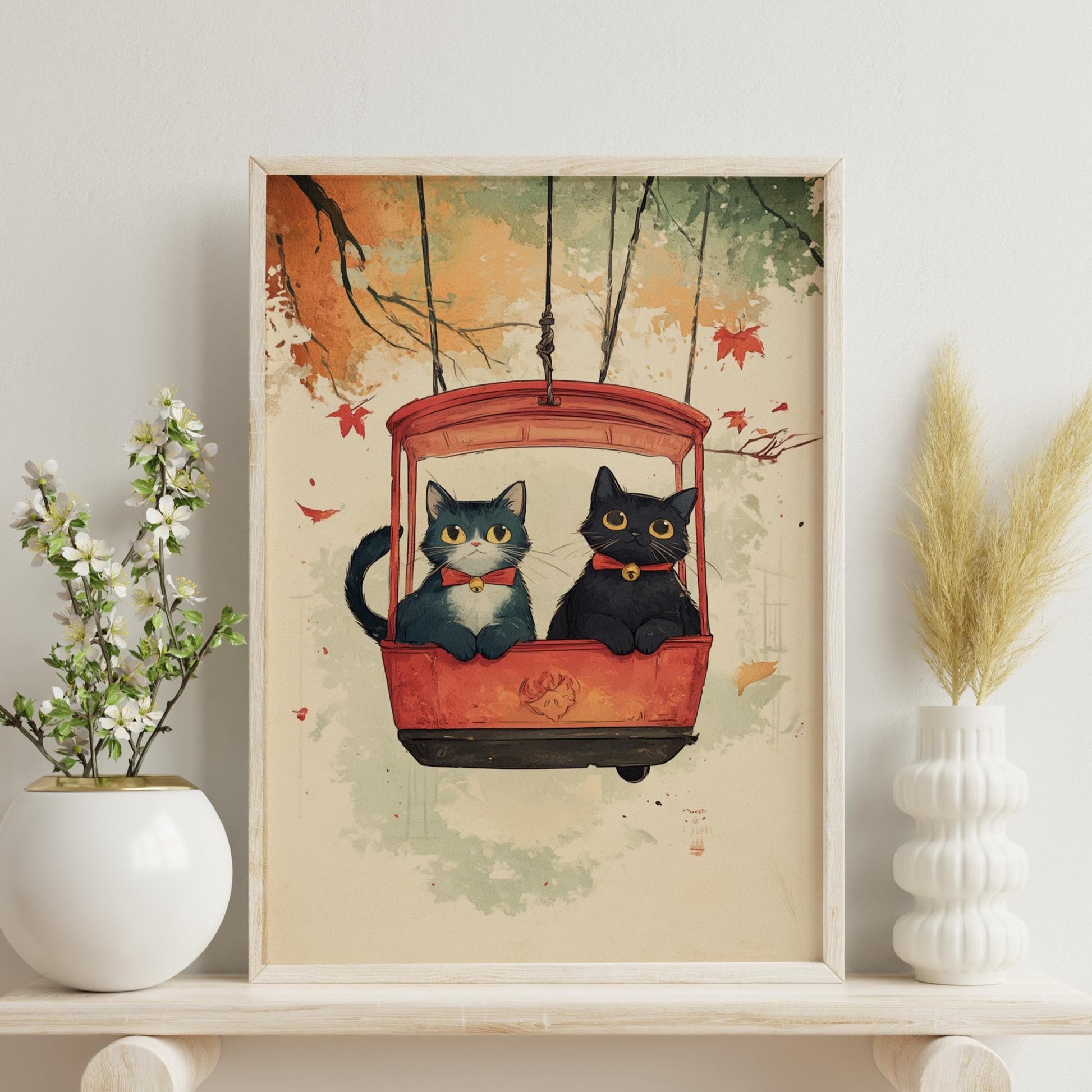 Charming Cat Swing Wall Art Poster, Cozy Home Decor, Perfect Gift for Cat Lovers, Cute Animal Vintage Print, Autumn Vibes, Whimsical Decor