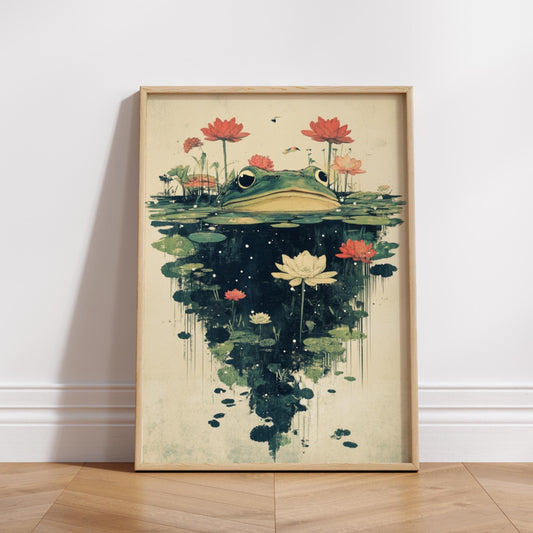 Whimsical Frog and Lotus Matte Poster, Botanical Wall Art, Nature Decor, Gift for Frog Lovers, Home or Office Wall Art, Cozy Aesthetic