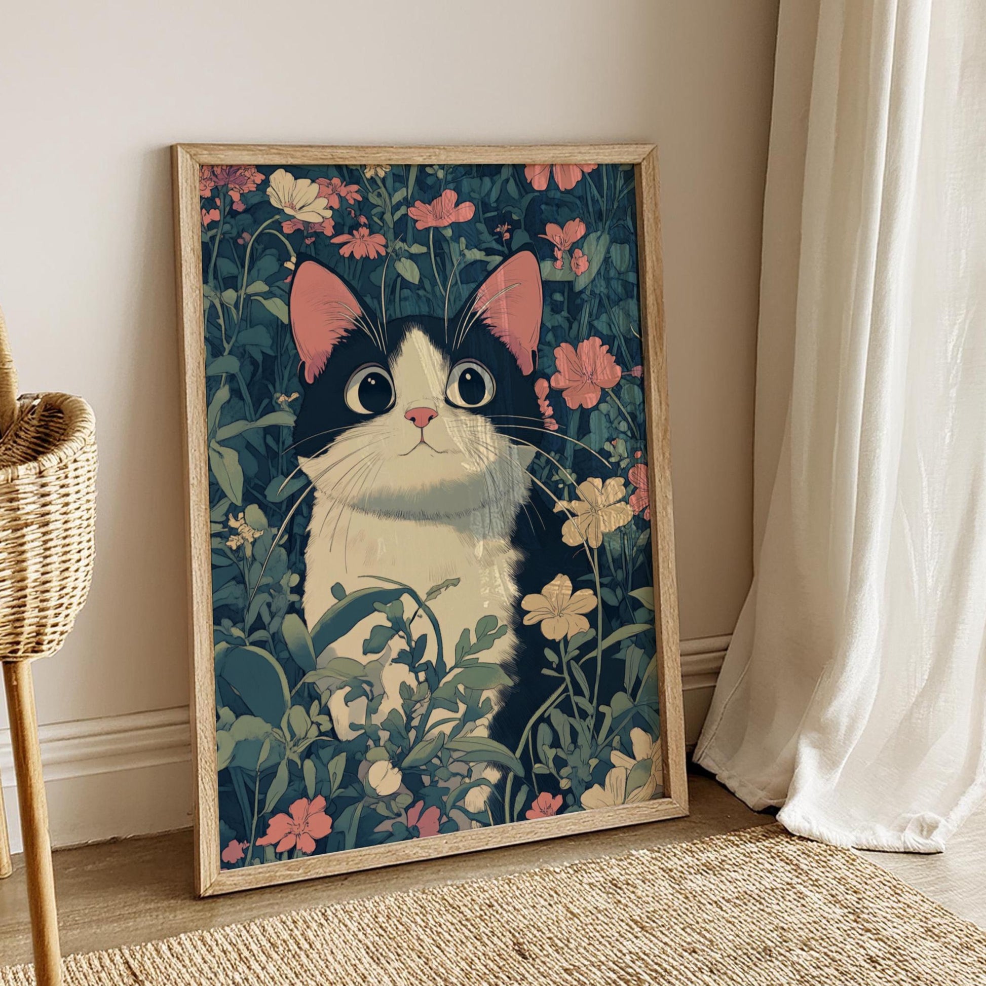 Whimsical Cat Nature Poster, Cute Cat Art Print, Floral Wall Decor, Cat Lover Gift, Home Decor