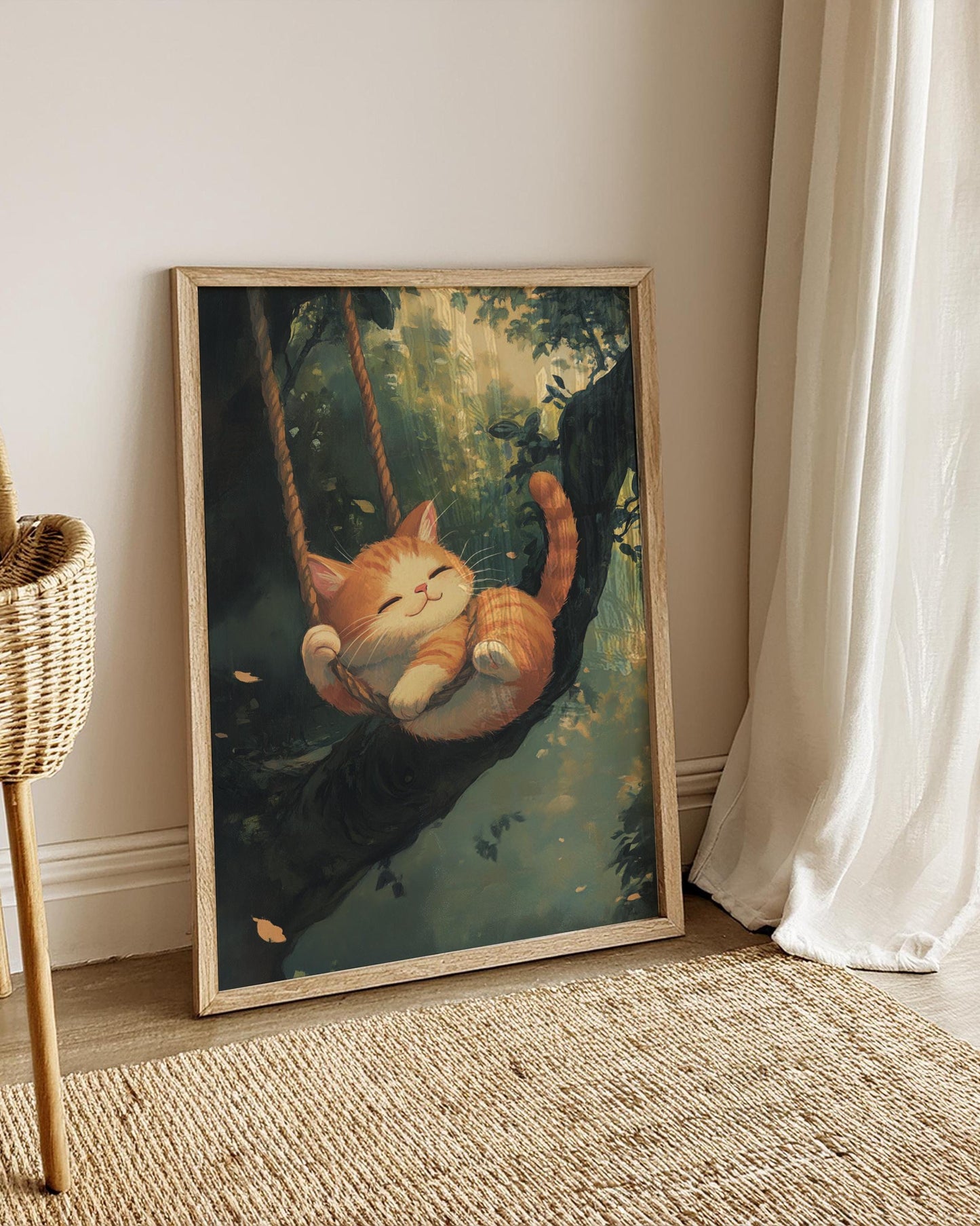 Whimsical Cat Art Print – Studio Ghibli Inspired Cute Kitten Poster | Cozy Animal Wall Decor | Fantasy Nursery Gift Idea