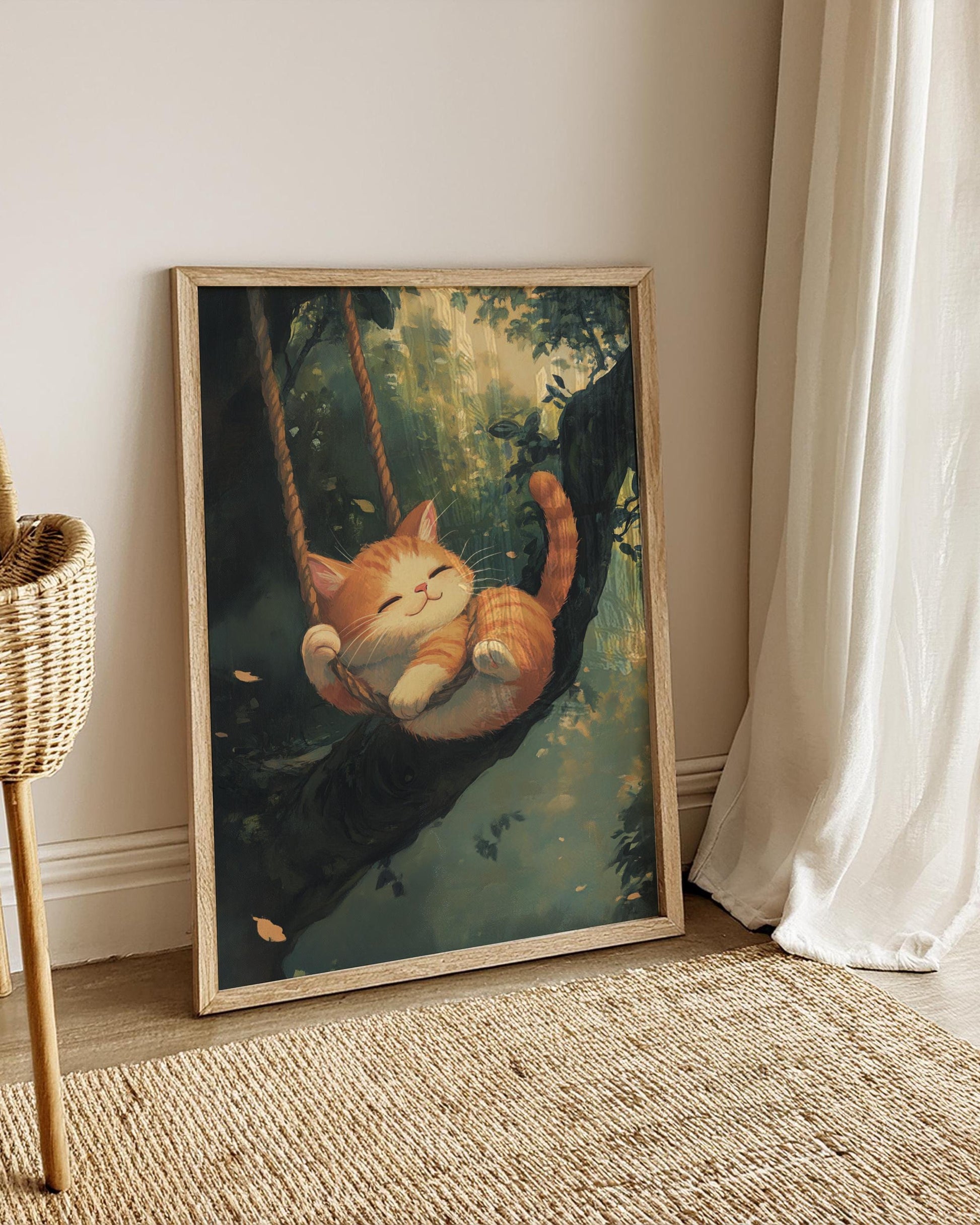Whimsical Cat Art Print – Studio Ghibli Inspired Cute Kitten Poster | Cozy Animal Wall Decor | Fantasy Nursery Gift Idea