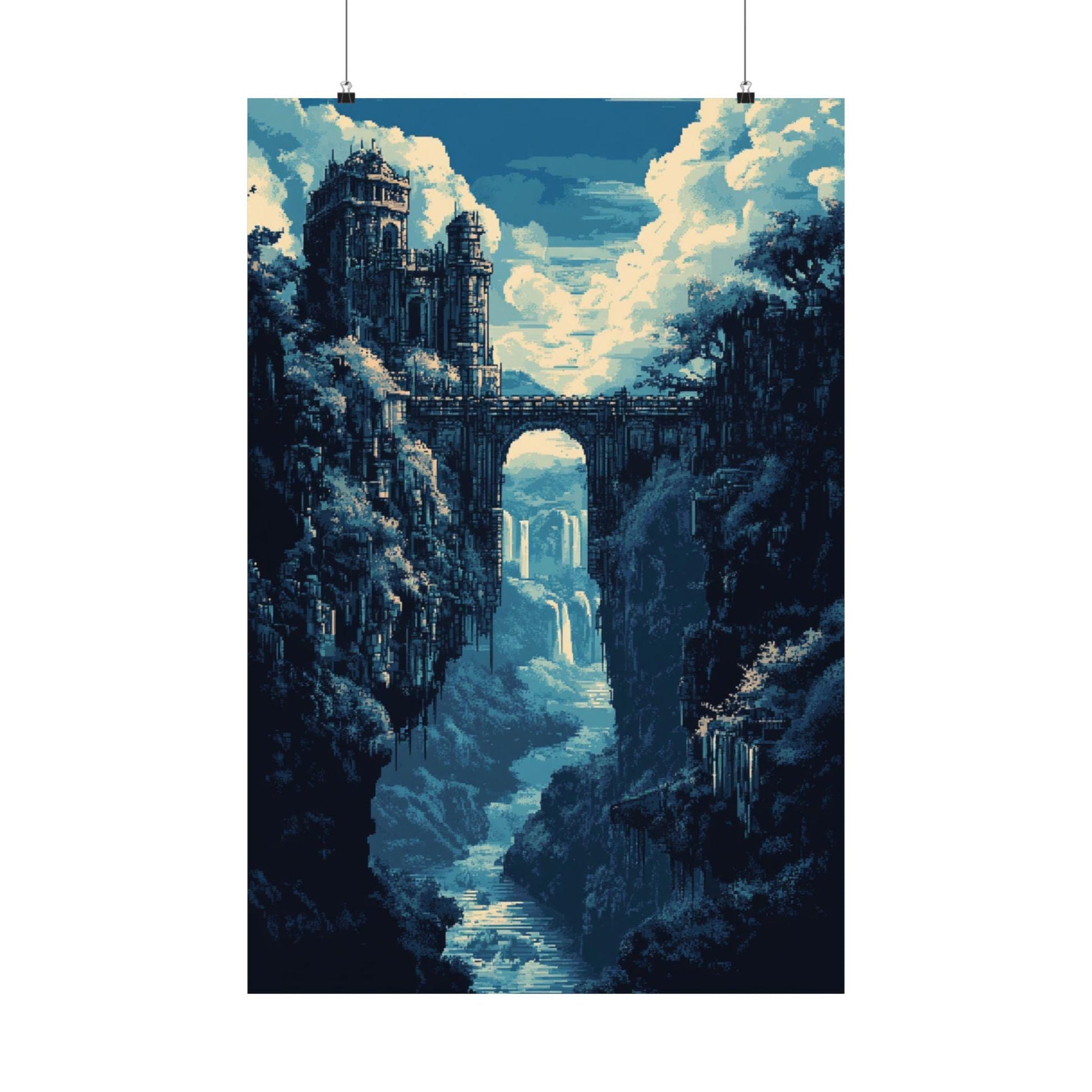 8-Bit Fantasy Bridge Castle Poster | Pixel Art Waterfall Wall Print | Retro Game-Inspired Landscape Decor for Gamers & Dreamers