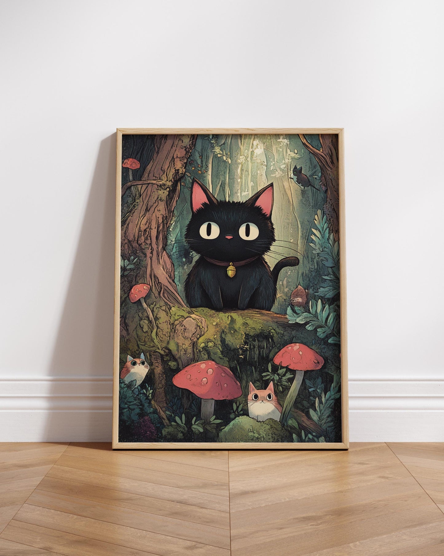 Whimsical Cat in Forest Poster – Studio Ghibli Inspired Animal Wall Art, Cute Black Cat Print, Cottagecore Mushroom Decor