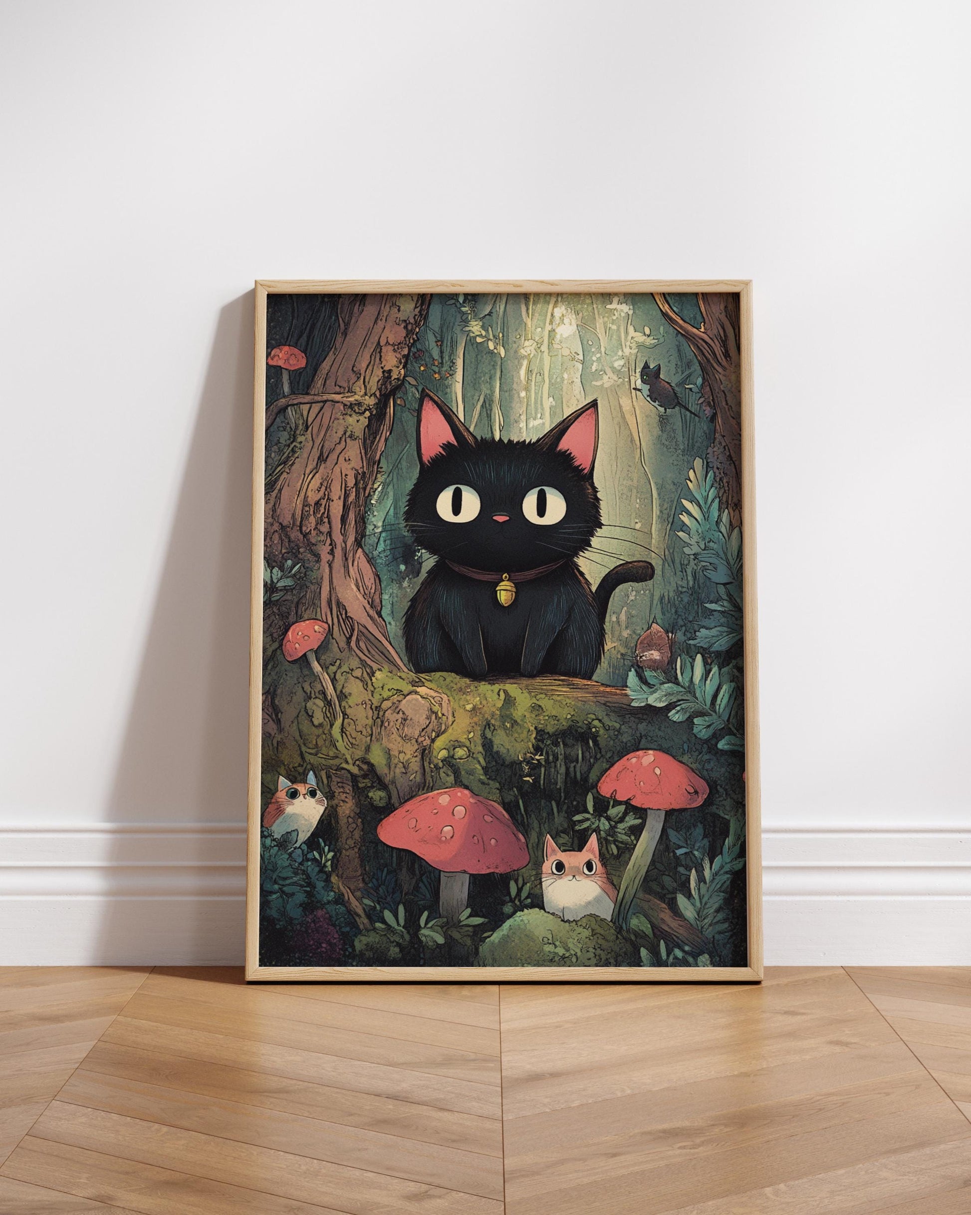 Whimsical Cat in Forest Poster – Studio Ghibli Inspired Animal Wall Art, Cute Black Cat Print, Cottagecore Mushroom Decor
