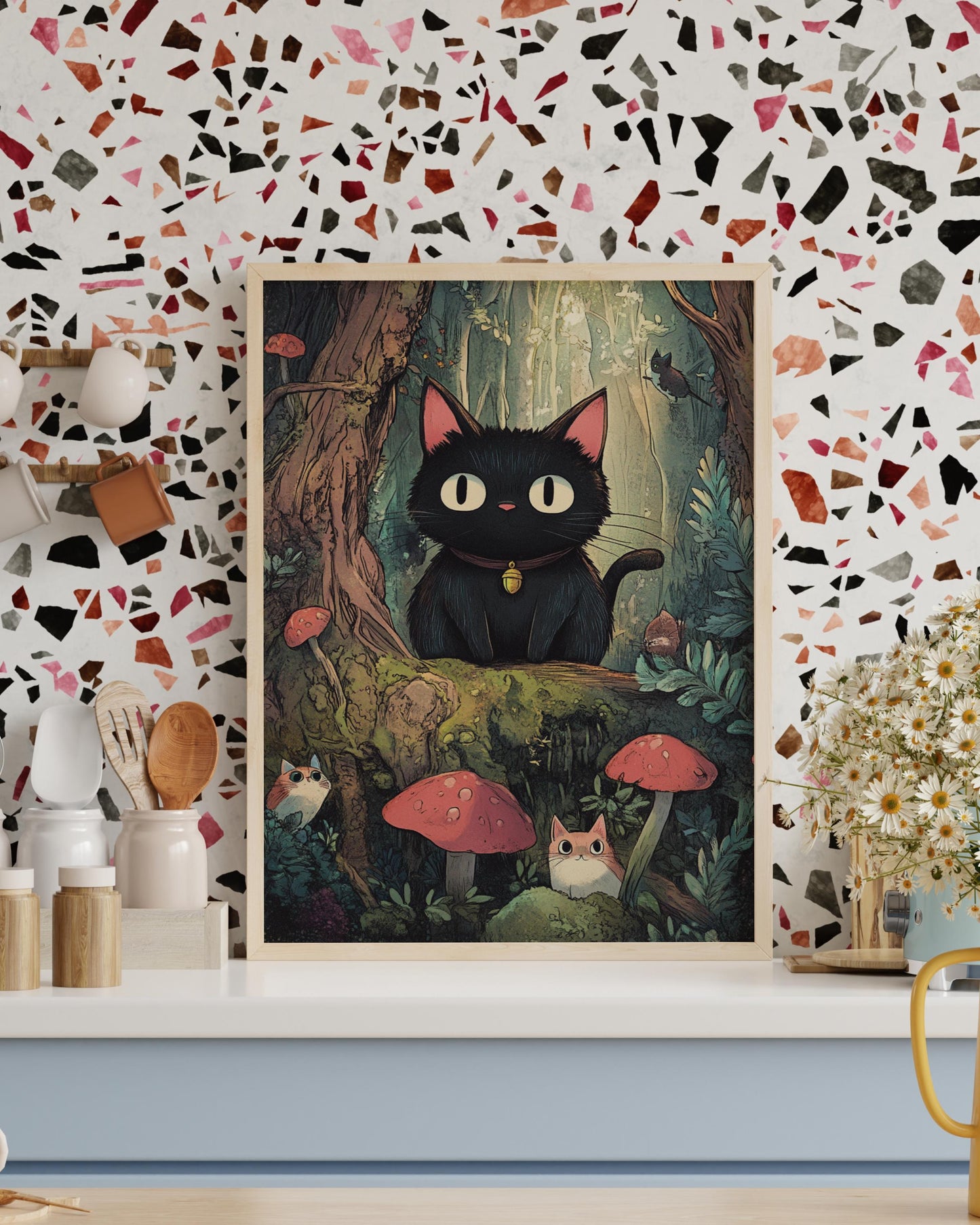 Whimsical Cat in Forest Poster – Studio Ghibli Inspired Animal Wall Art, Cute Black Cat Print, Cottagecore Mushroom Decor