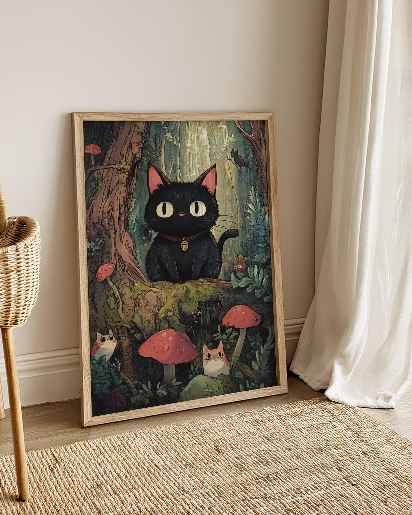 Whimsical Cat in Forest Poster – Studio Ghibli Inspired Animal Wall Art, Cute Black Cat Print, Cottagecore Mushroom Decor
