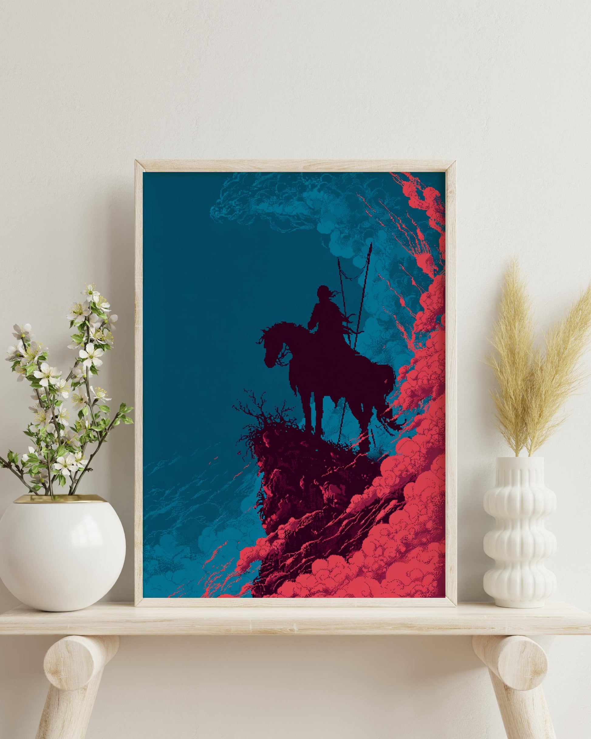 8-Bit Knight Pixel Art Poster | Retro Medieval Horseback Warrior Wall Art | Vintage Video Game Style Print for Gamer Room Decor