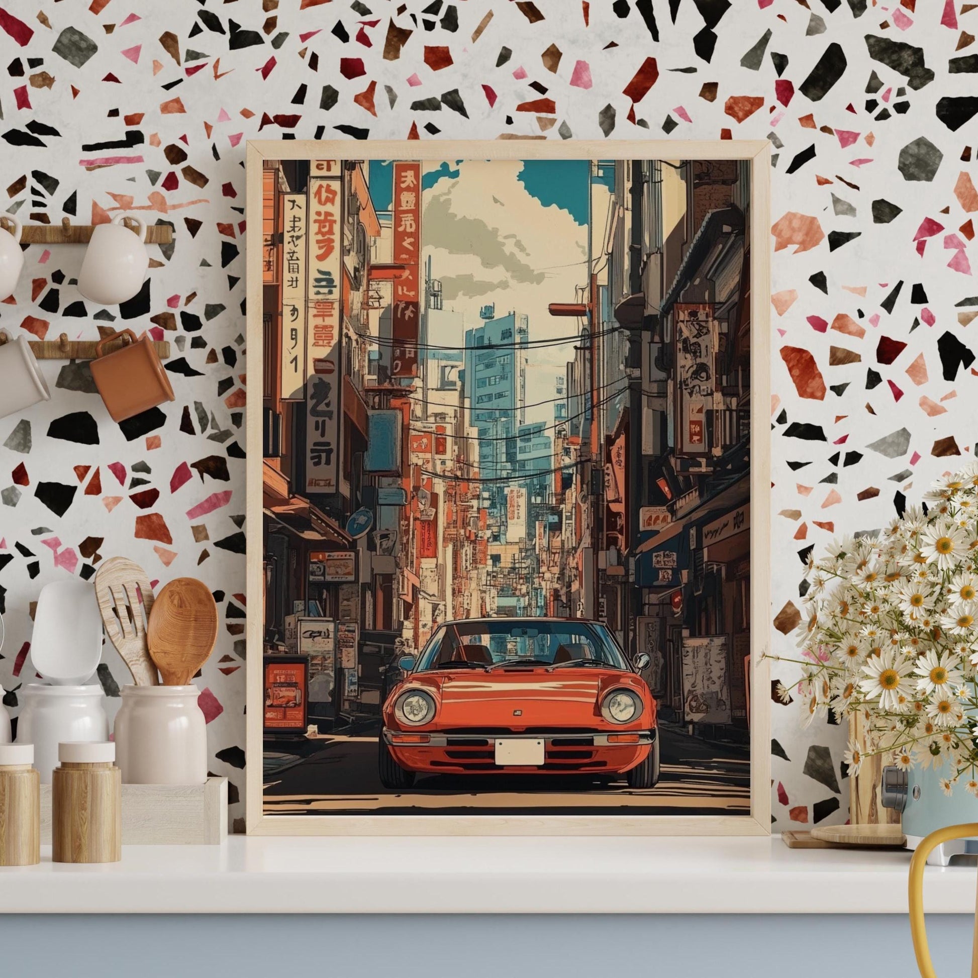 Retro Car in Tokyo Street Poster – Japanese Cityscape Wall Art, Classic Auto Print, Urban Anime Decor, JDM Inspired Gift for Him
