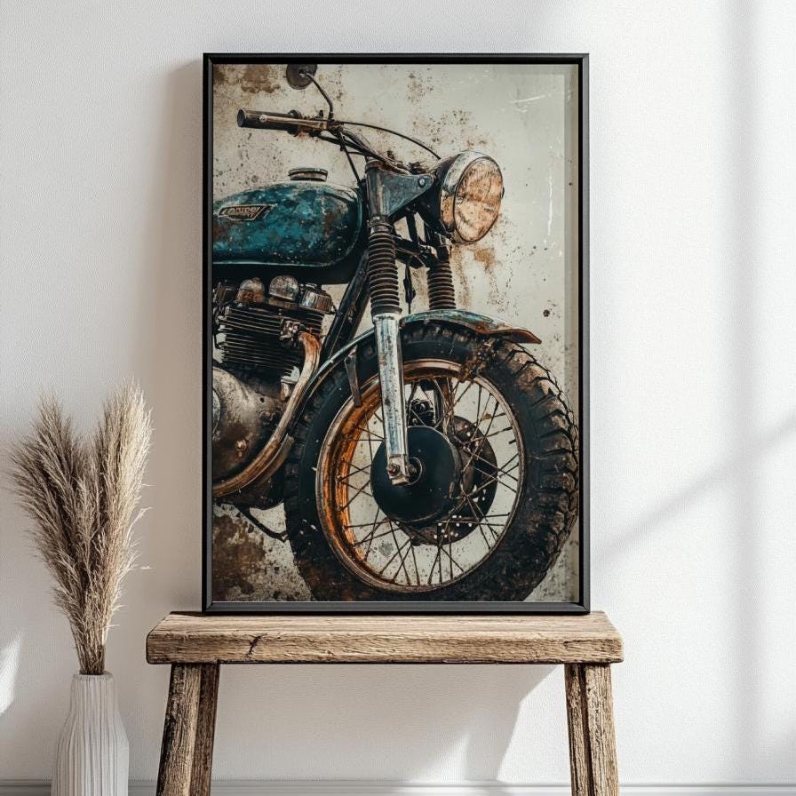 Rustic Vintage Motorcycle Poster – Old Patina Bike Wall Art, Gritty Garage Decor, Industrial Moto Print, Retro Biker Gift for Him
