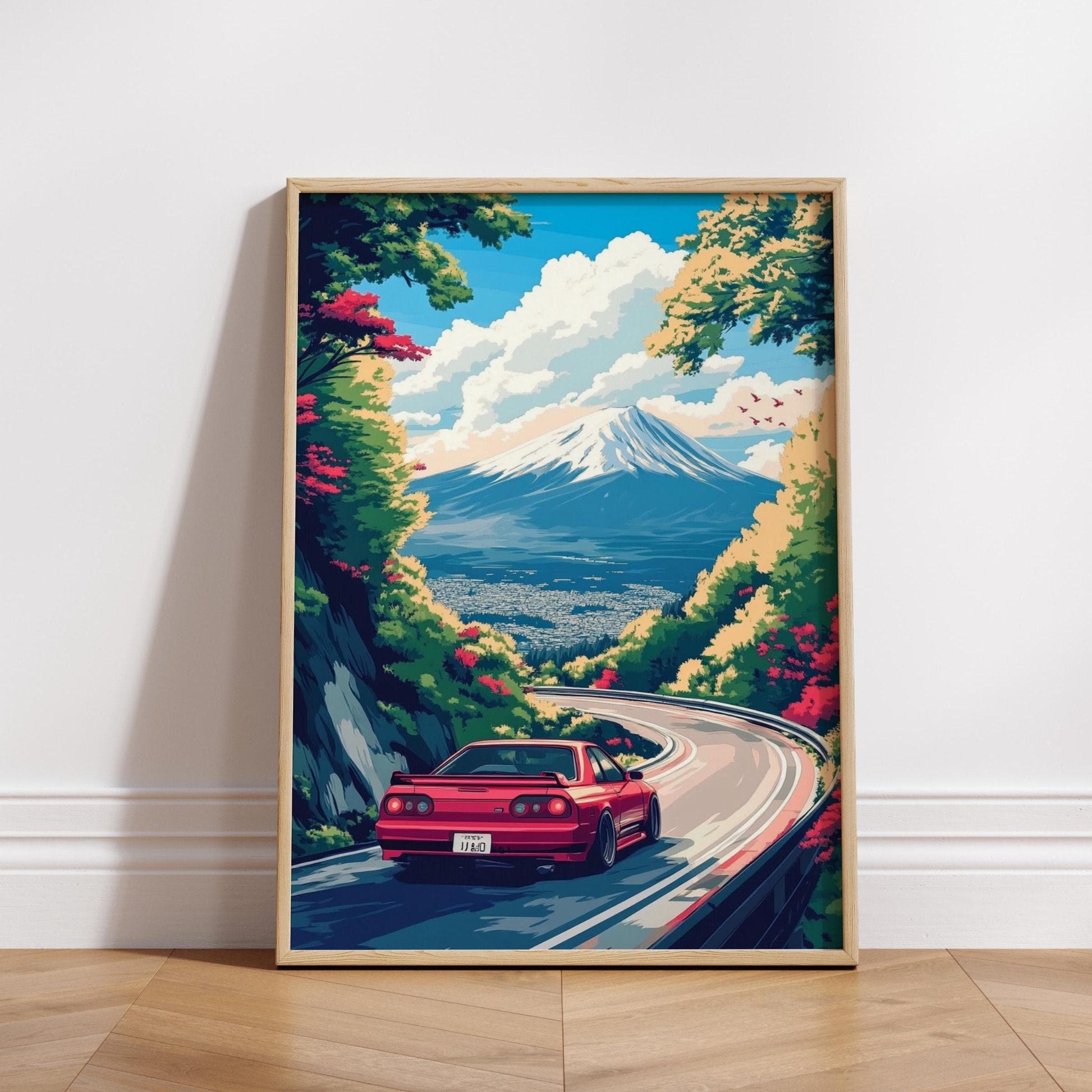 JDM Car Art Print with Mount Fuji – Aesthetic Japanese Skyline Poster, Red Sports Car Wall Decor, Retro Drift Scene, JDM Lover Gift