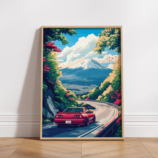 JDM Car Art Print with Mount Fuji – Aesthetic Japanese Skyline Poster, Red Sports Car Wall Decor, Retro Drift Scene, JDM Lover Gift