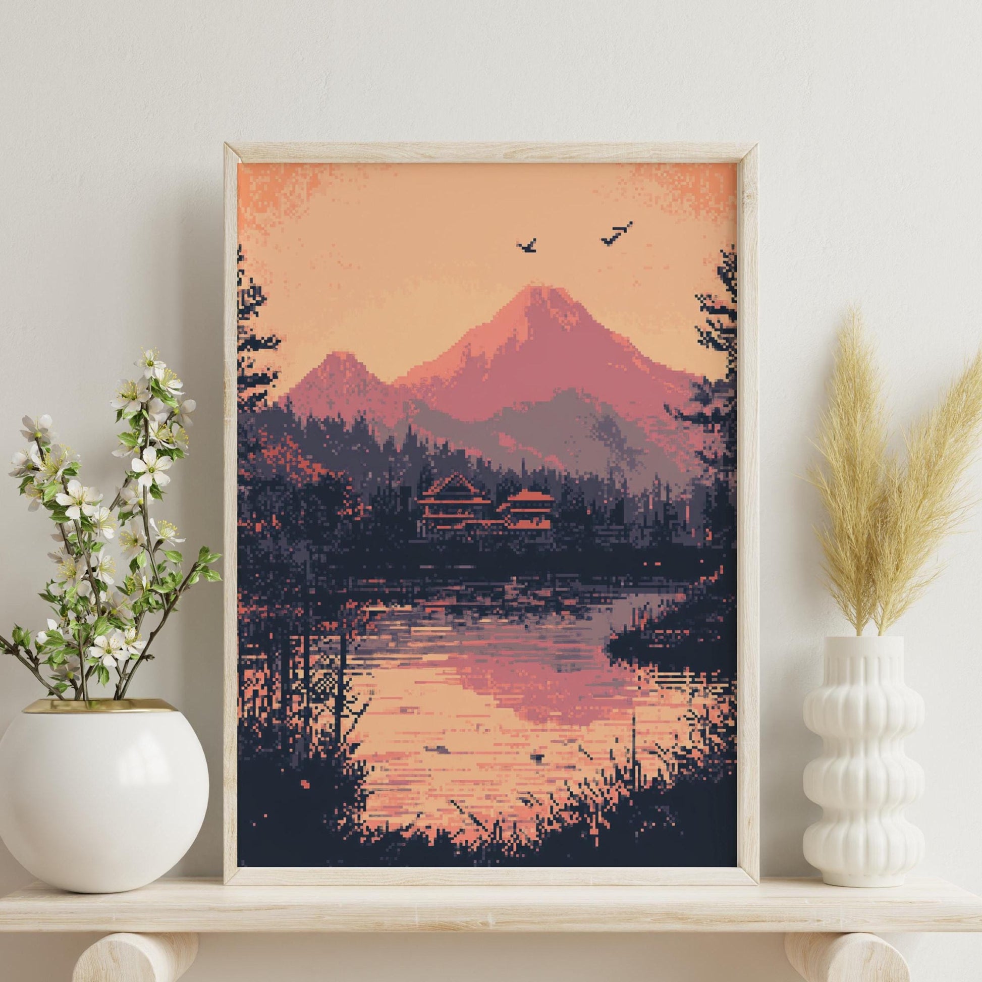 Pixel Art Mountain Sunset Poster – Aesthetic 8-Bit Landscape Print with Lake Reflection, Retro Gaming Wall Decor for Cozy Spaces