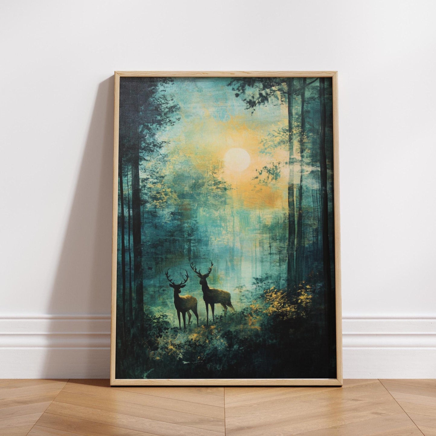 Deer in colorful forest Poster | Wildlife in woodlands wall art | Forest landscape wall art | Nature print | Animal home decor |