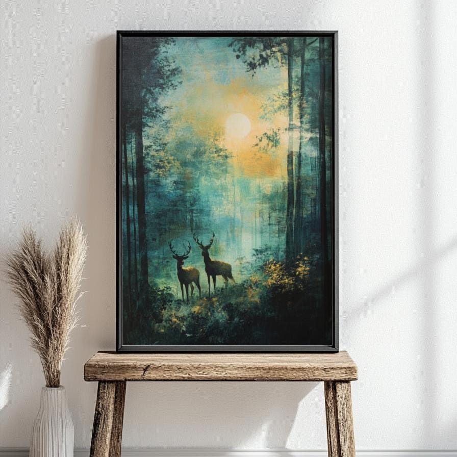 Deer in colorful forest Poster | Wildlife in woodlands wall art | Forest landscape wall art | Nature print | Animal home decor |