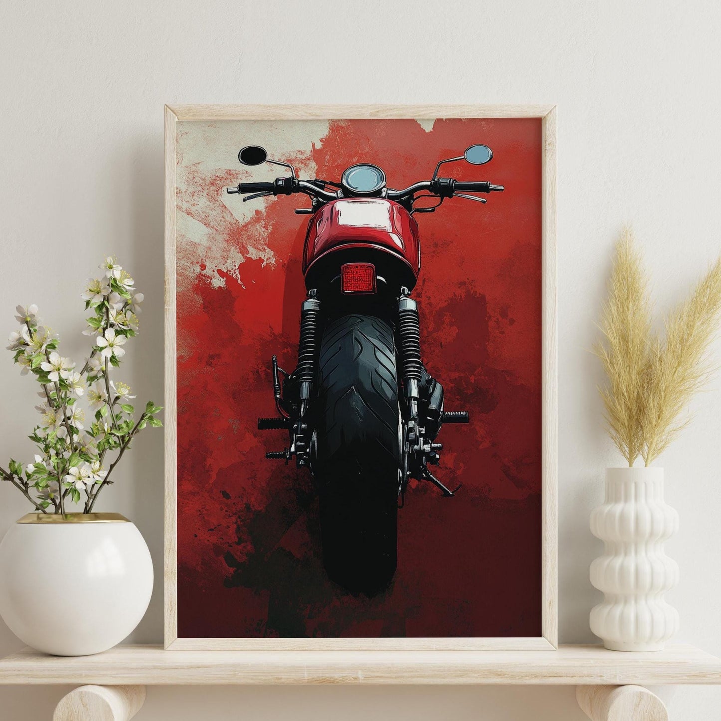 Cafe Racer Rear View Poster – Bold Motorcycle Wall Art, Minimalist Biker Print, Red Grunge Garage Decor, Modern Moto Gift for Him