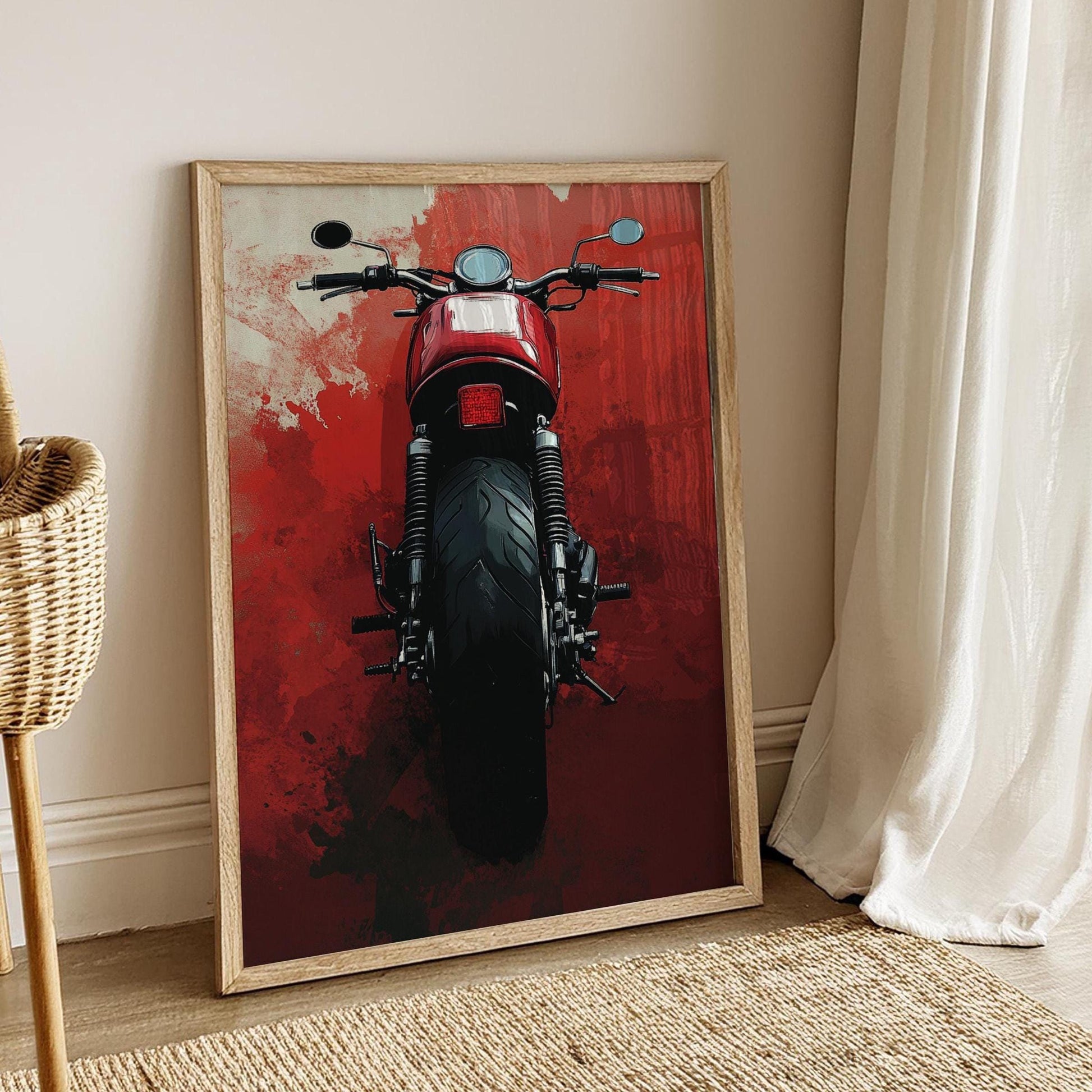 Cafe Racer Rear View Poster – Bold Motorcycle Wall Art, Minimalist Biker Print, Red Grunge Garage Decor, Modern Moto Gift for Him