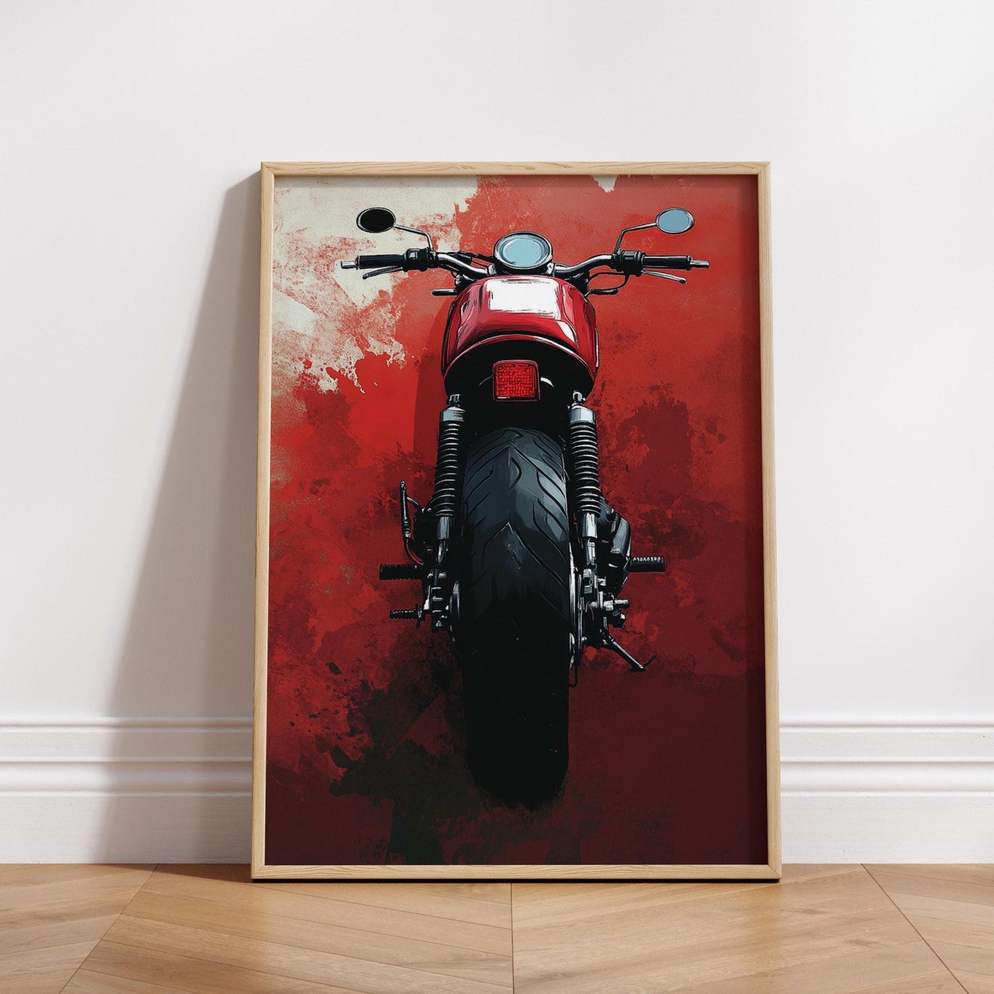 Cafe Racer Rear View Poster – Bold Motorcycle Wall Art, Minimalist Biker Print, Red Grunge Garage Decor, Modern Moto Gift for Him