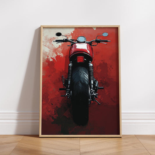 Cafe Racer Rear View Poster – Bold Motorcycle Wall Art, Minimalist Biker Print, Red Grunge Garage Decor, Modern Moto Gift for Him