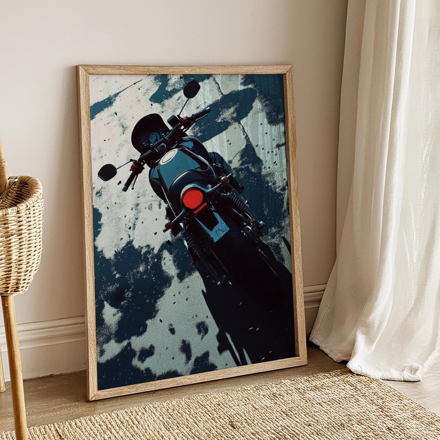 Modern Cafe Racer Poster – Minimalist Motorcycle Wall Art, Rear View Moto Print, Dark Urban Decor, Bold Biker Gift for Him