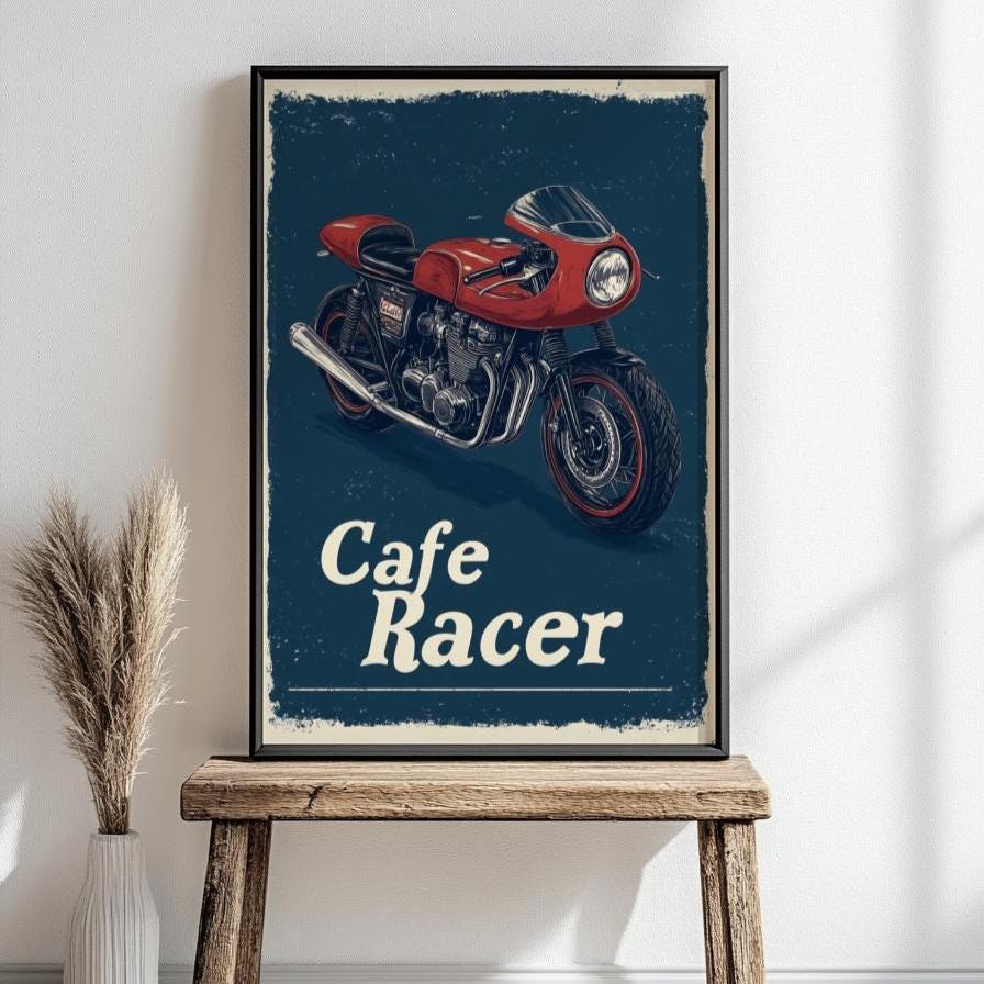 Cafe Racer Motorcycle Poster – Retro Racing Bike Wall Art, Bold Red Moto Print, Garage Decor for Bikers, Vintage Speed Gift for Him